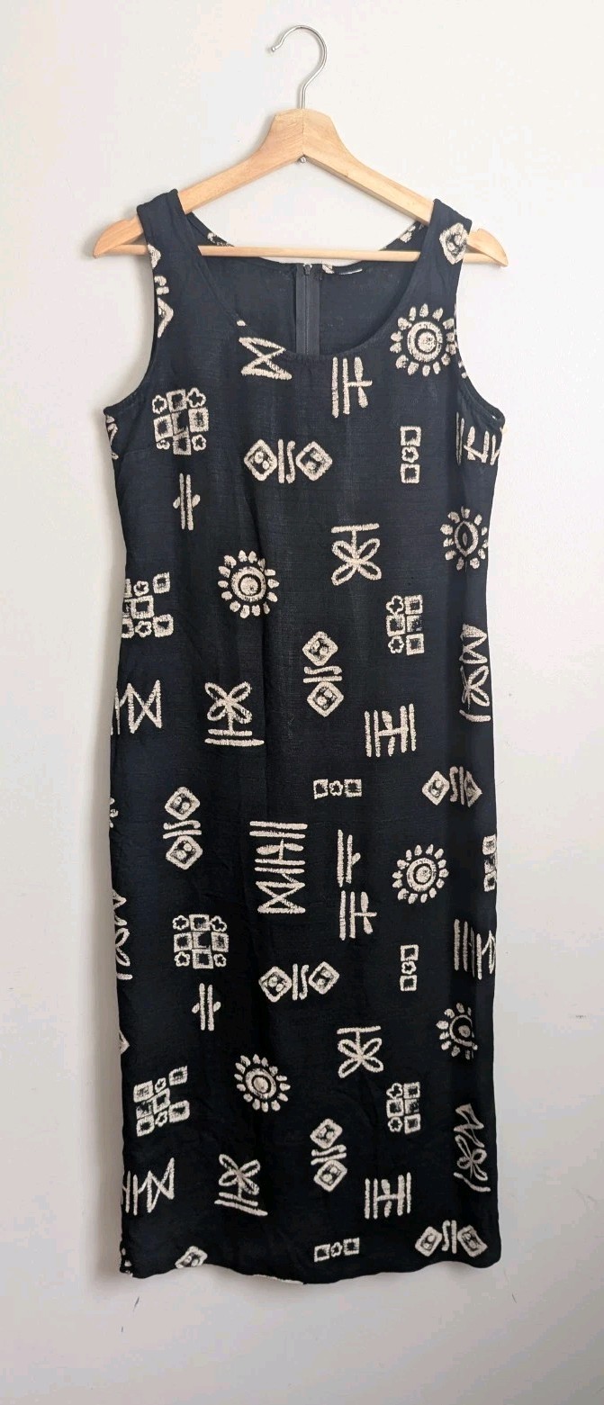 90s Rayon Blend Sleeveless Maxi Dress S Black White Eclectic Artsy Boho Tank Y2K