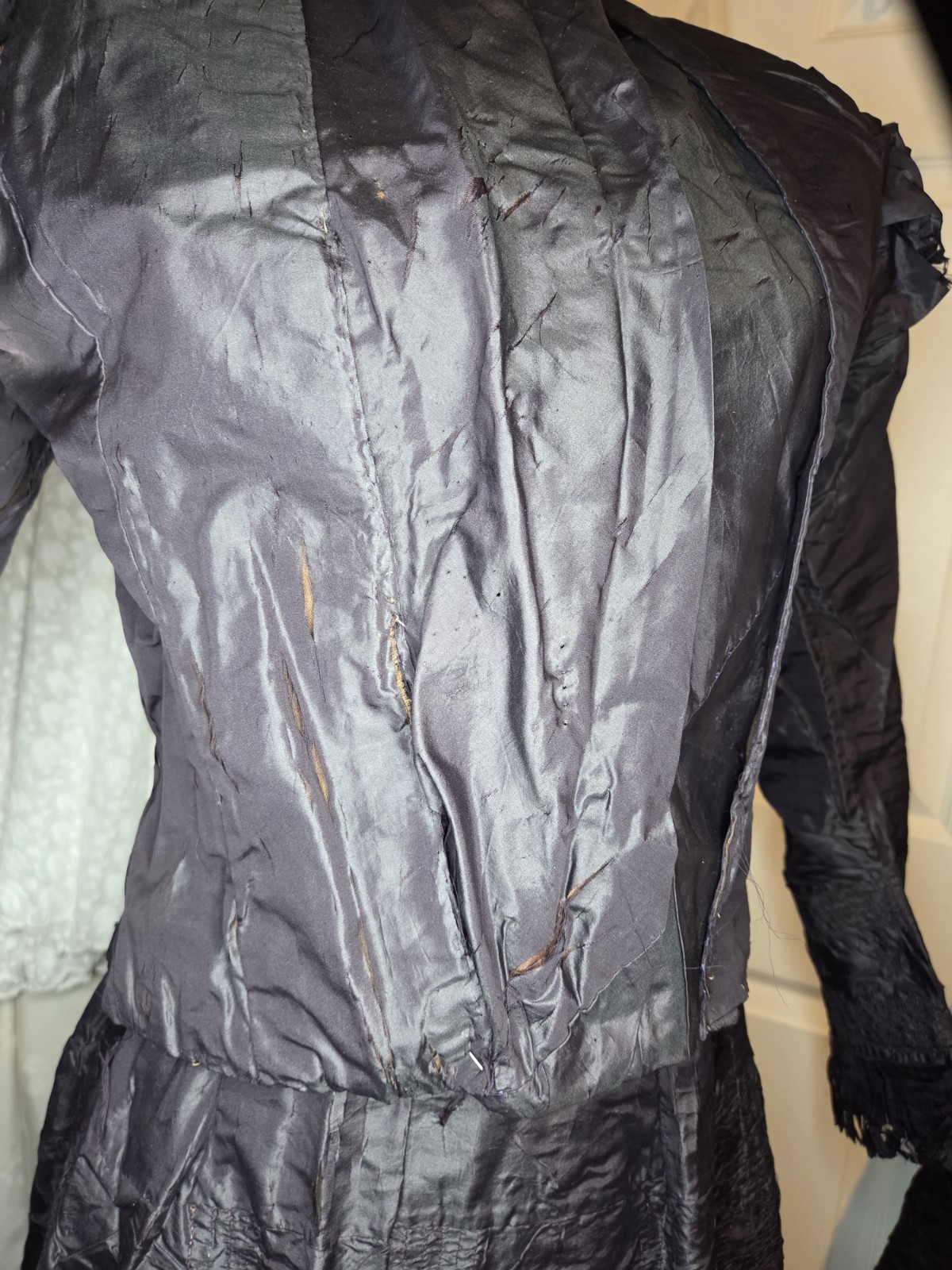 Midnight Blue Victorian Silk/Taffeta w/ Pink Stitch Ruffle Walking Suit SALVAGE