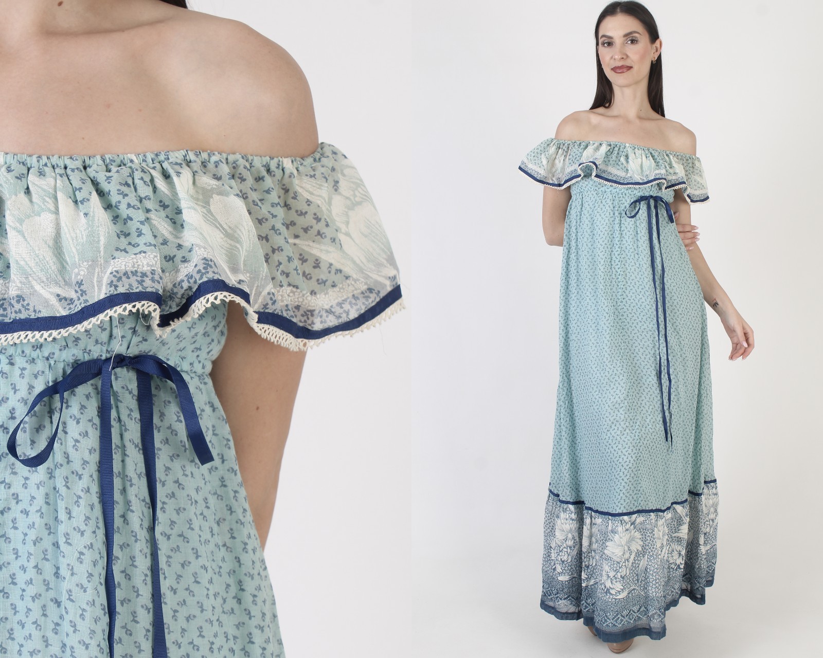 Vintage Jody T California Dress Off Shoulder Prairie Cottage Long Boho Sundress