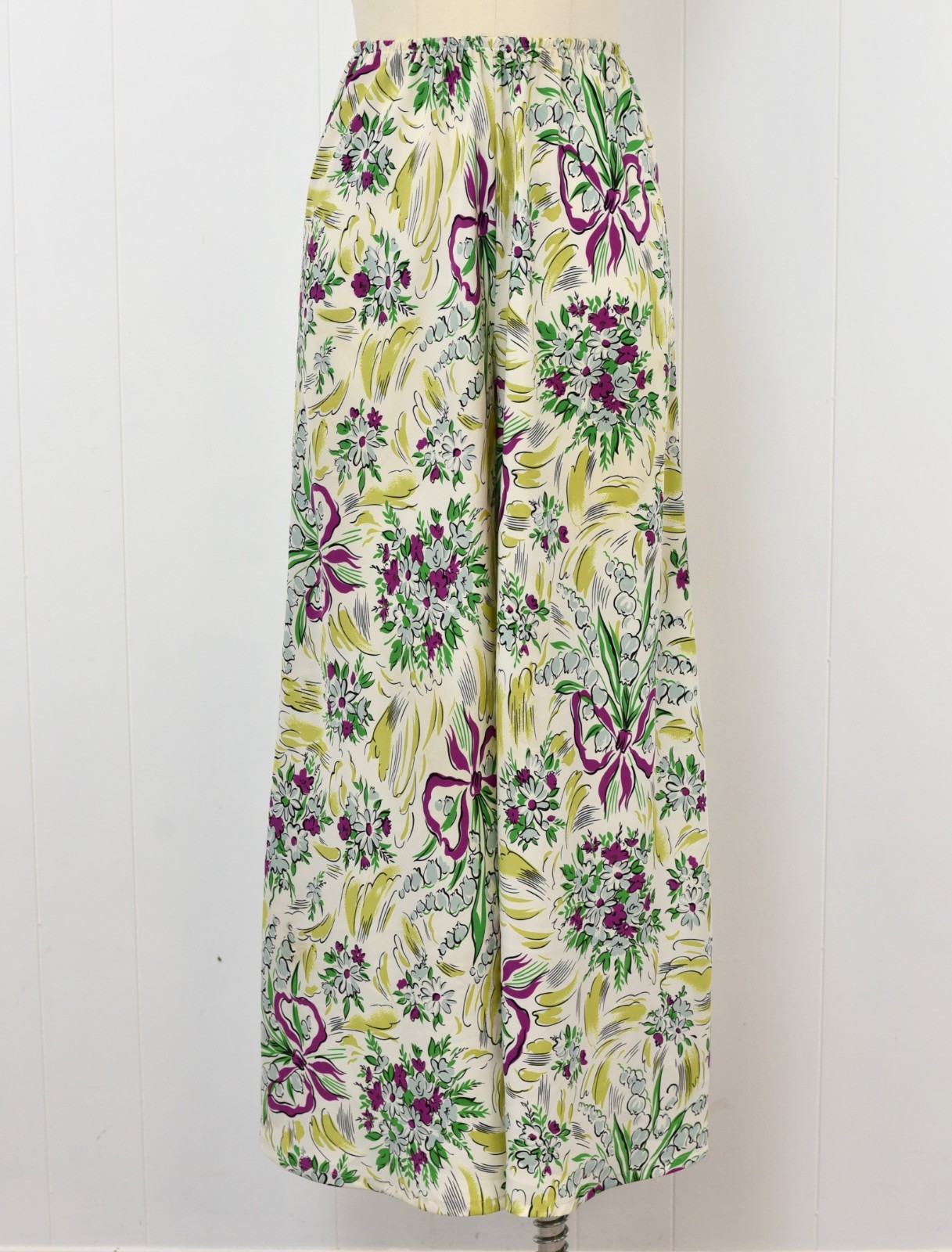 Vtg 1980s Norma Kamali Floral Ribbon Novelty Print Blouse Palazzo Pants Set