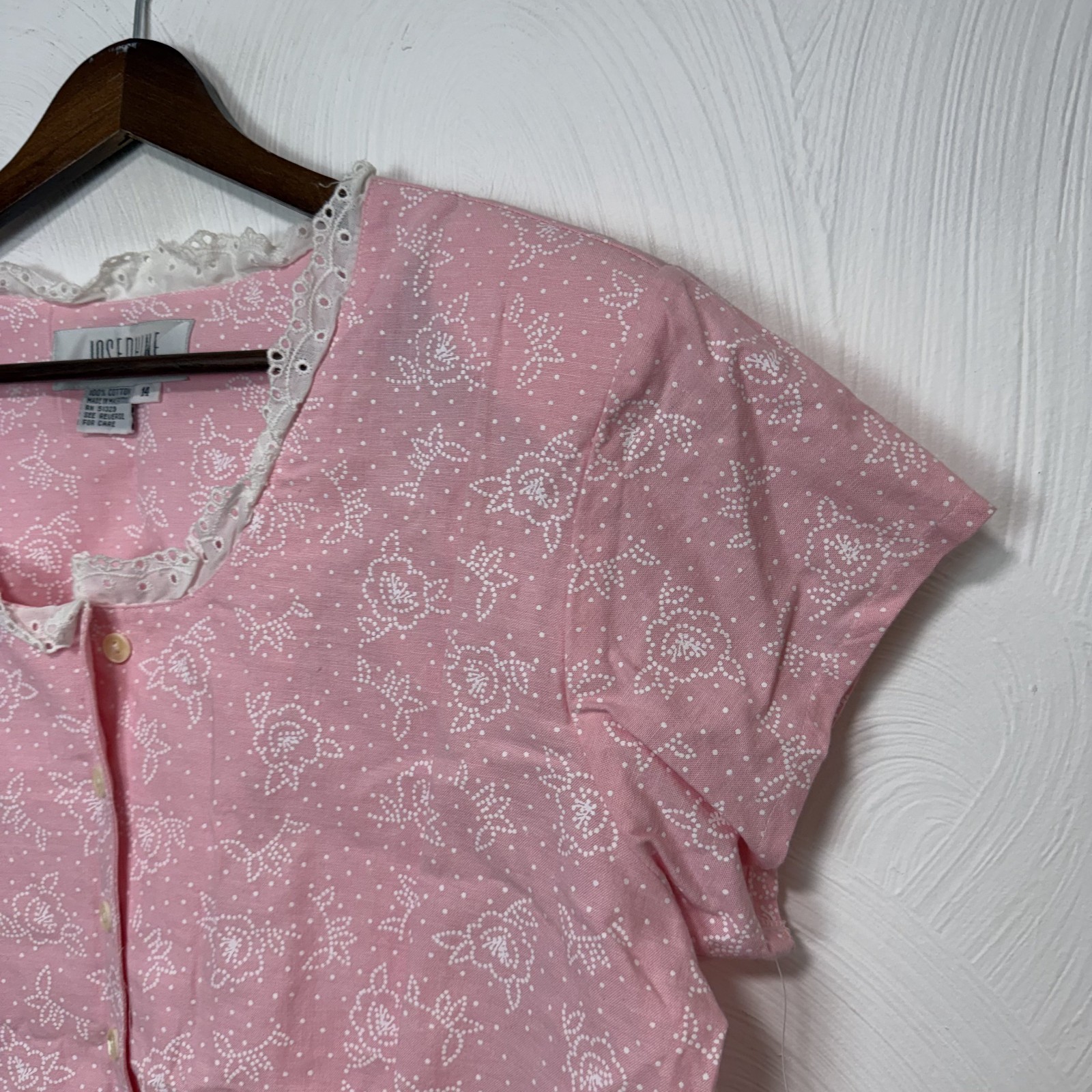 Vintage NWT Josephine Pink Short Sleeve Button Up Sleepwear Blouse Top Size 14