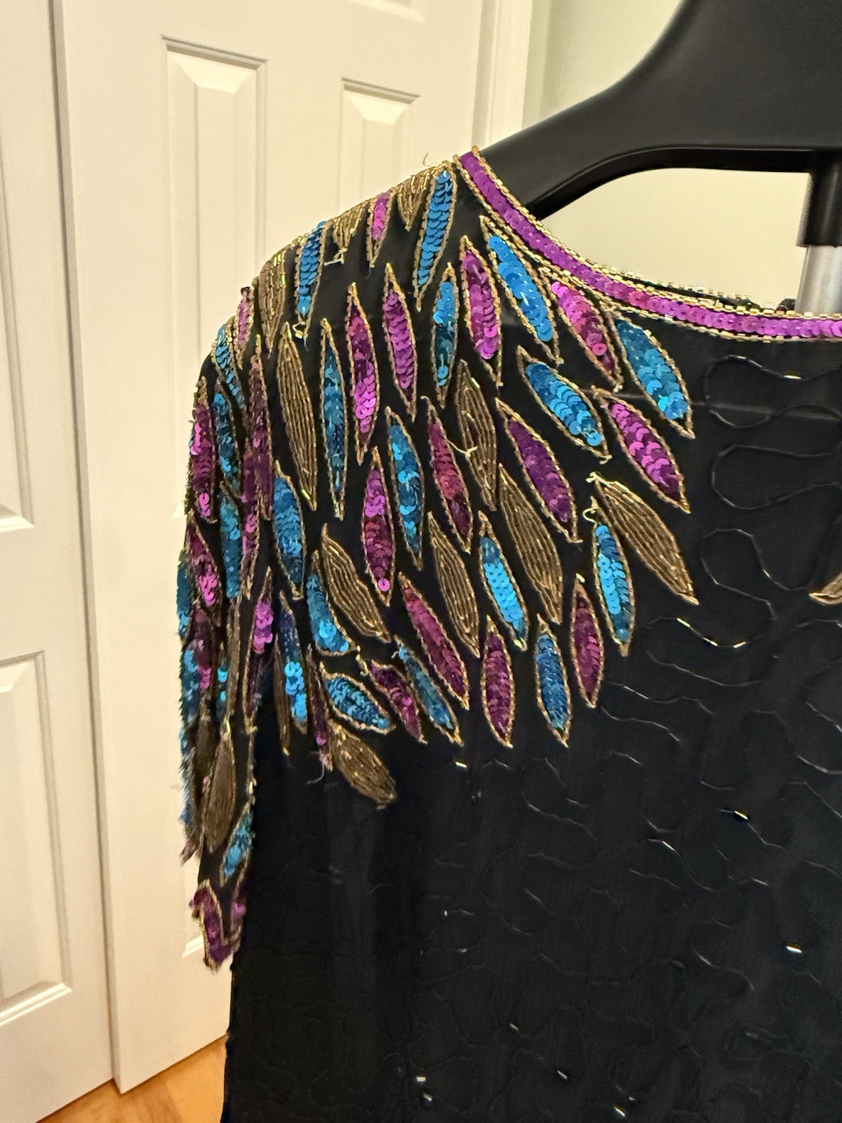 Vintage Stenay Plus Silk Beaded Sequin Dress Size 20 Black 90s Glam Art deco