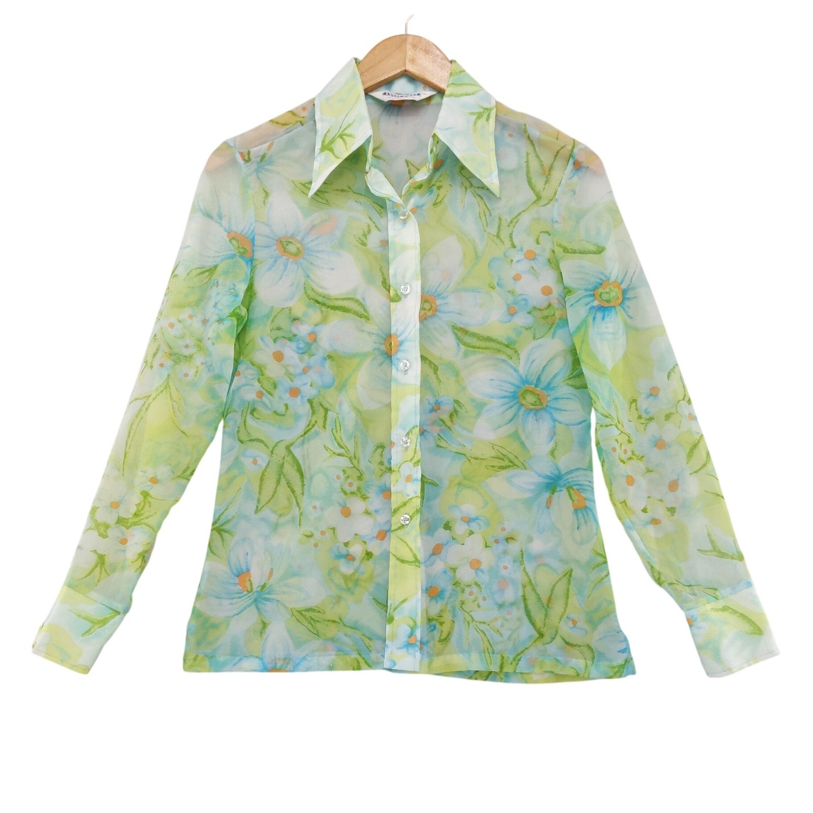 Vintage 70s Two East Button Down Blouse Womens 11/12 Green Blue Floral Sheer