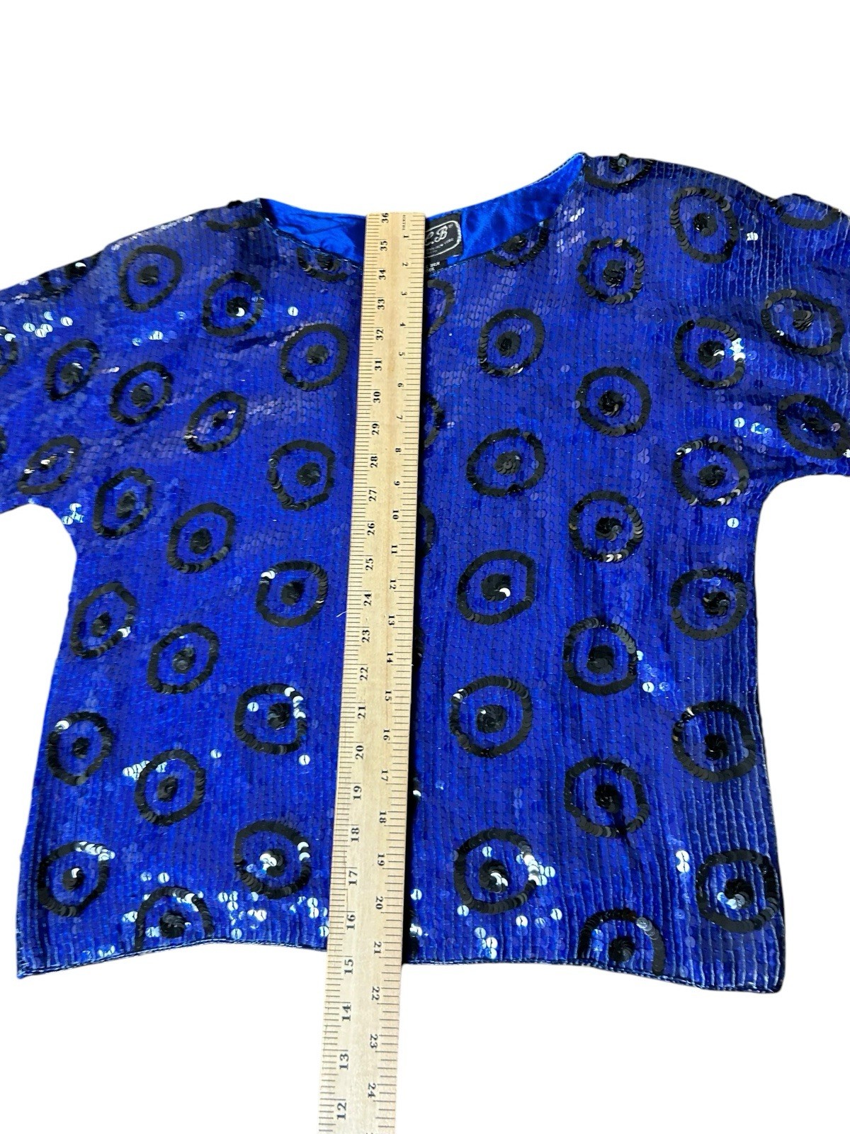 Vtg JLB Sequin Silk Evening Blouse Sz M Royal Blue Short Sleeve Geometric Funky