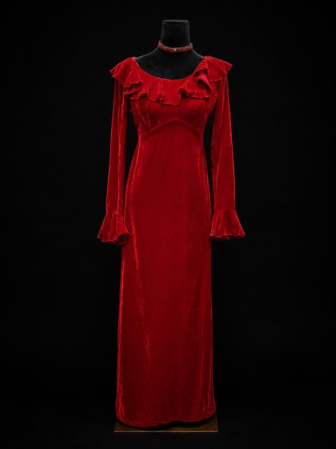 Vintage 60s Red Velvet Maxi Dress Empire Waist Ruffle Holiday Formal Gown S/