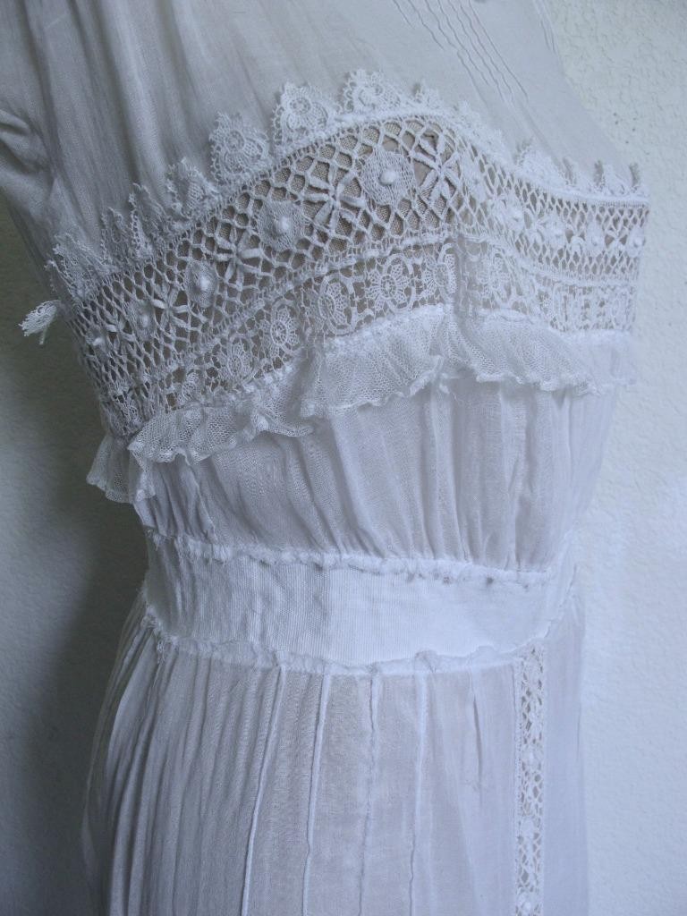 Antique Victorian Edwardian White Sheer Voile Dress XXXS Lace Trim Pintucks