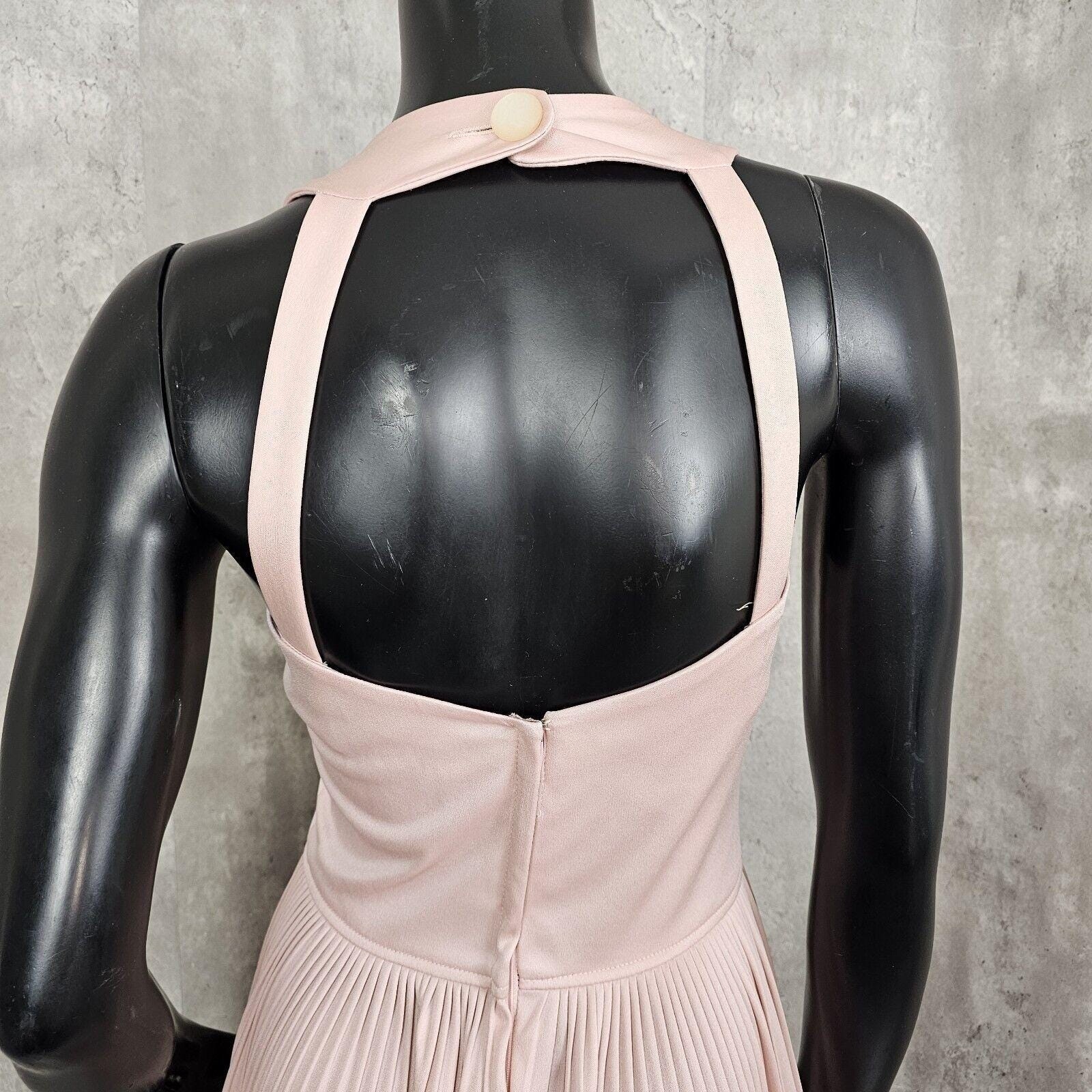 Vintage Alfred Werber Pink Pleated Halter Midi Dress 70s Sleeveless Size M