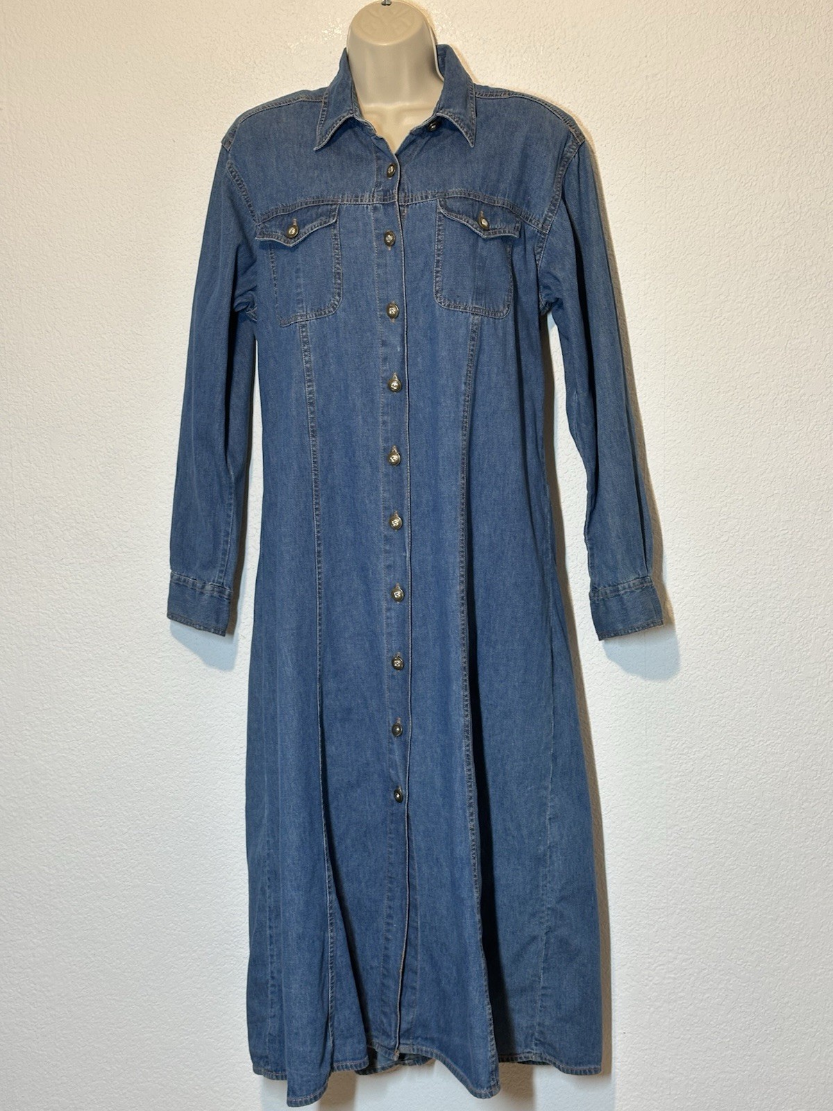 Vtg 90s Denim Maxi Dress California Dreams Nepal Button Down Princess Seams Boho