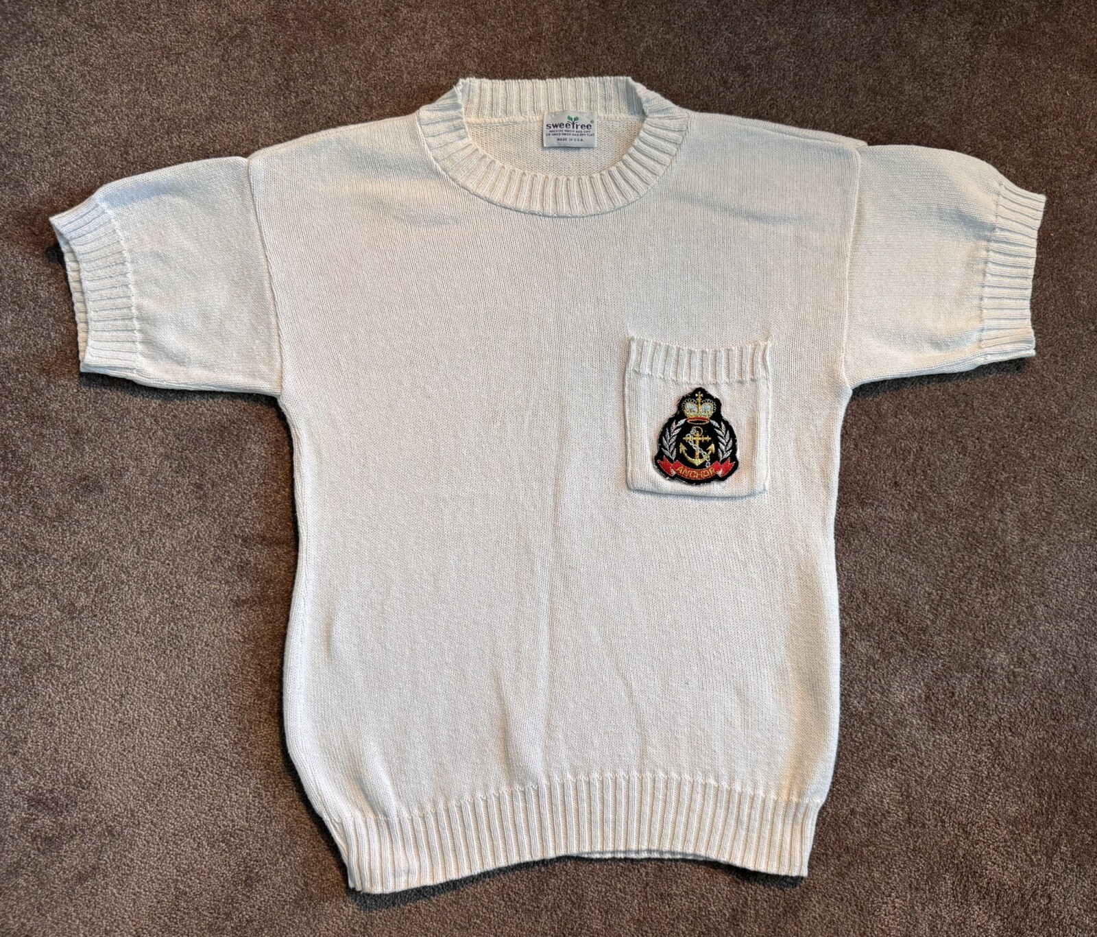 VTG Sweet Tree Womens Sweater Sz S White Made In USA Short Sleeve Anchor Patch