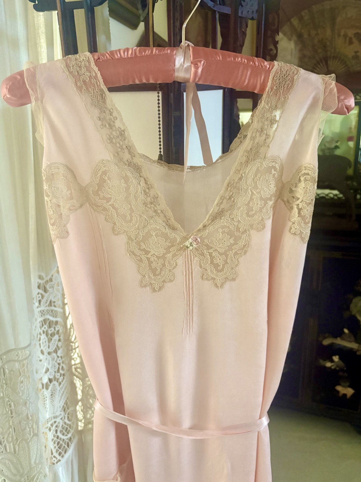 1930s Pink Silk and Lace Maxi Flapper Slip Dress with applique flowers