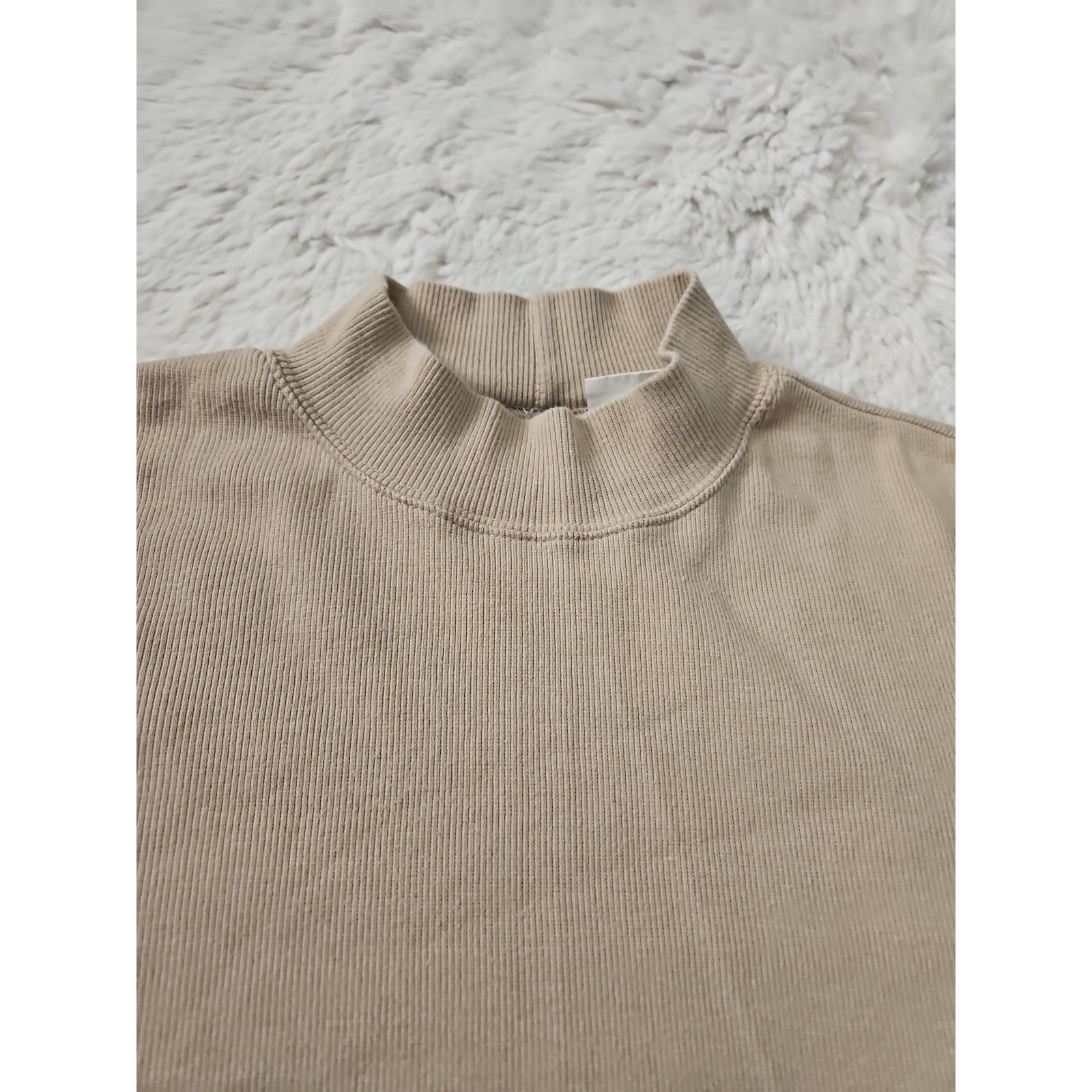 Vintage 90s Basic Editions Ribbed Mock Neck Short Sleeve Top L Tan
