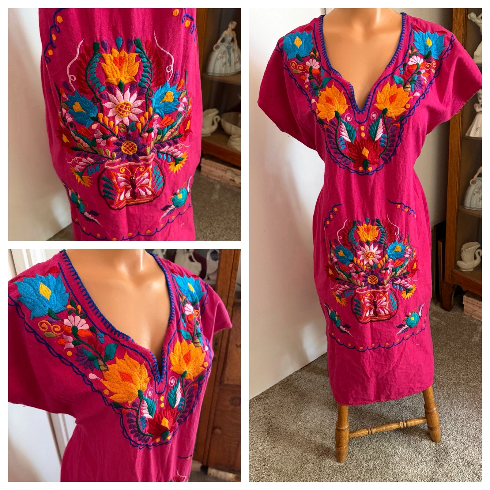 VTG 70s PINK W/ EMBROIDERY & TIE BELT COTTON RETRO MEXICAN FRIDA DRESS S-M