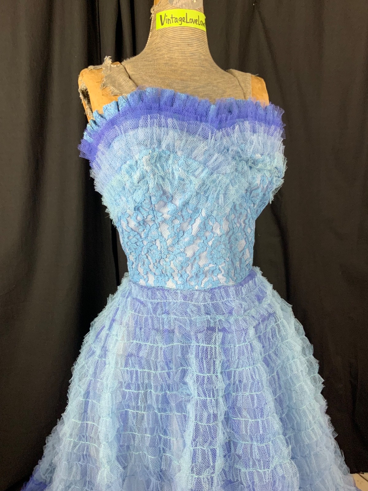 Vtg 50s Ombré Blue Ruffle Lace Strapless Party Ball Gown Dress-Bust 30/2XS