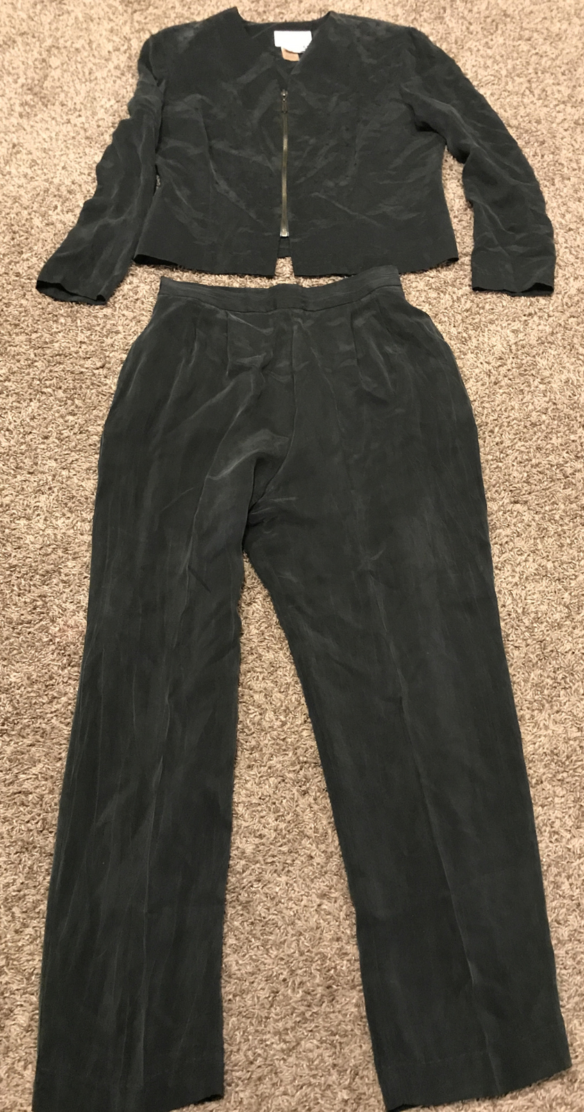 vtg karin stevens womens P8 2 piece outfit dark green rayon b3