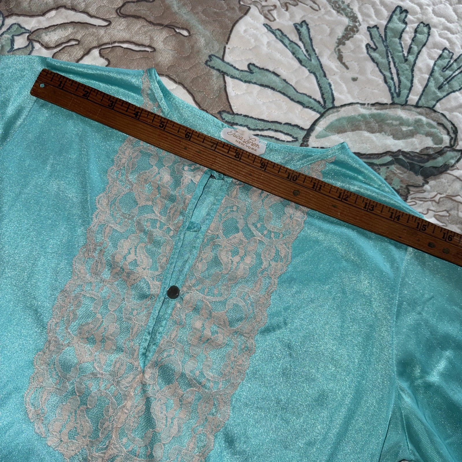 ERICA LOREN Vtg 1970s NYLON Pajama Set AQUA Blue Lace Trim SMALL Boho