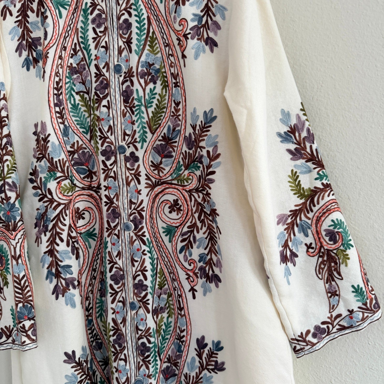 Woolen Coat Long Jacket Off-White, Multicolor Embroidery Size 46 (14, XL) Boho