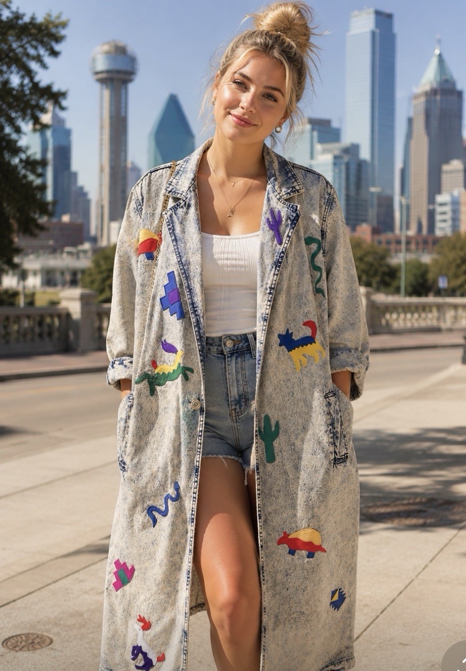 Vintage GEORGI DUWE Embroidery Acid Wash Denim Jean Long Jacket Size M Duster