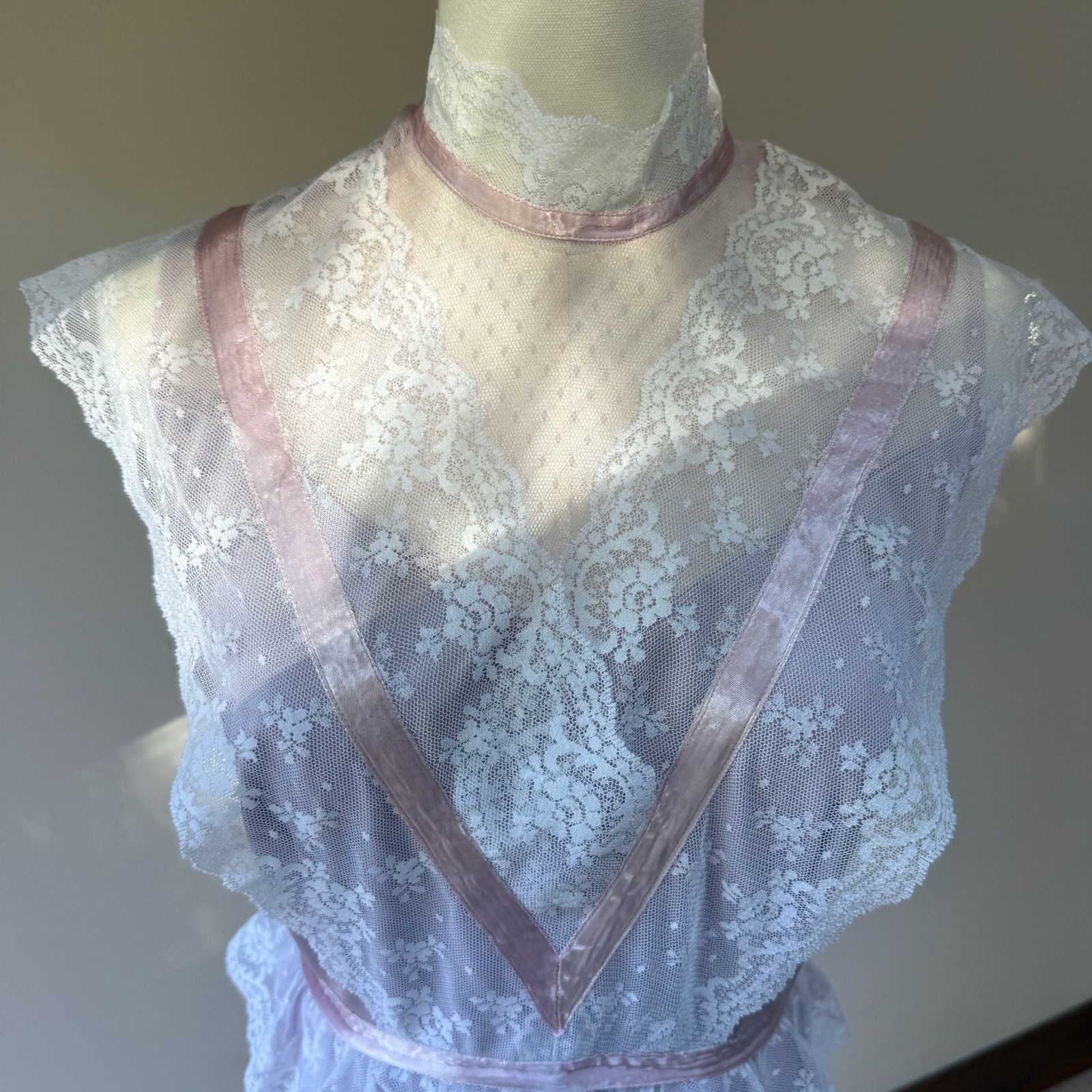 Vintage 1970s Lilac Pleated Lace Maxi Dress with Ribbon Peplum and High Neck