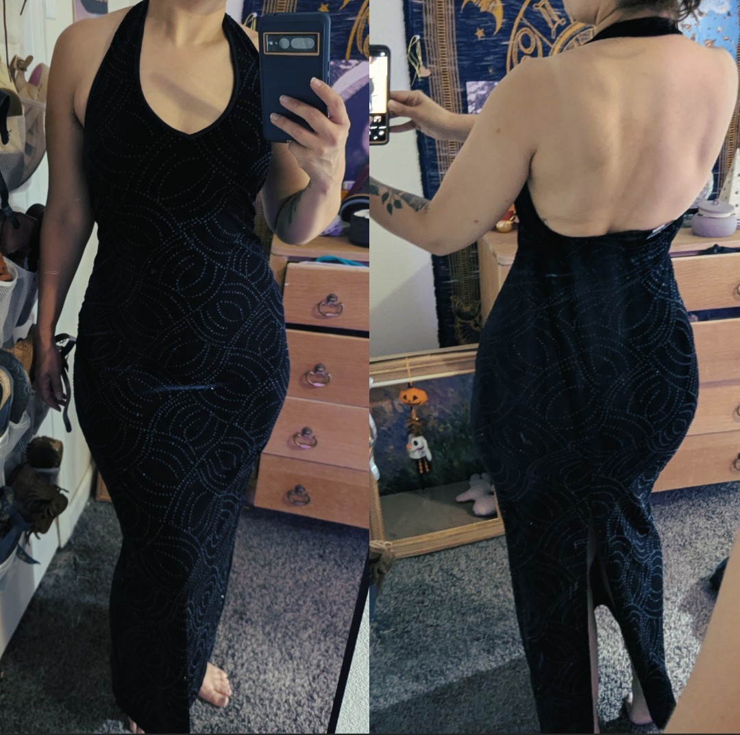 Vintage Y2K Bari Jay Black sparkle body con dress with white circular swirl…