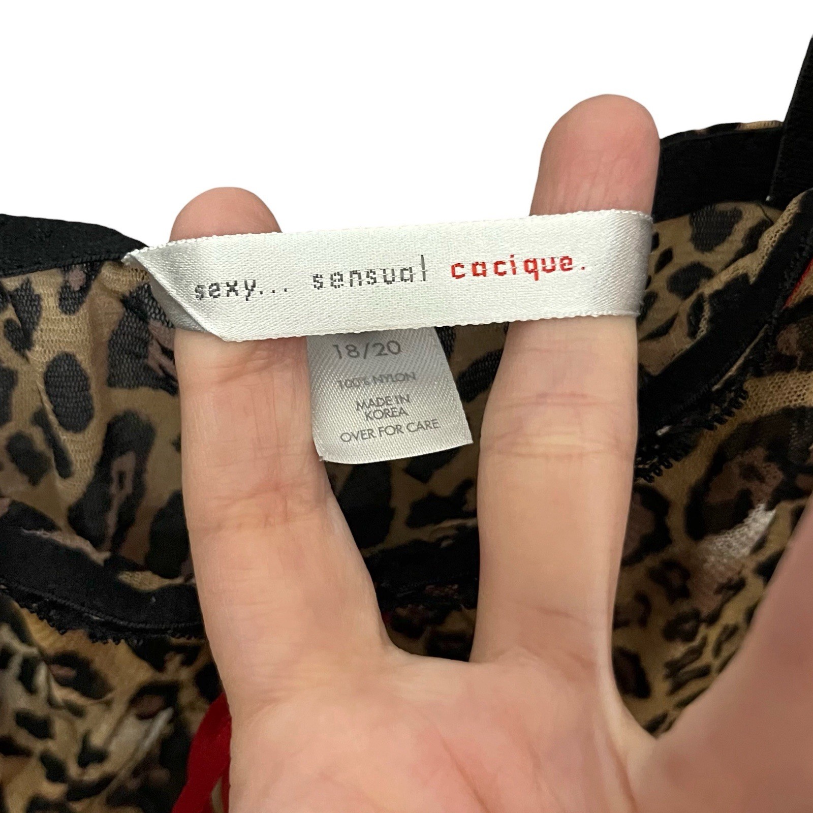 90s VTG Cacique Mesh Leopard Teddy Lingerie 18/20 Sheer Wireless Bow Thong Back