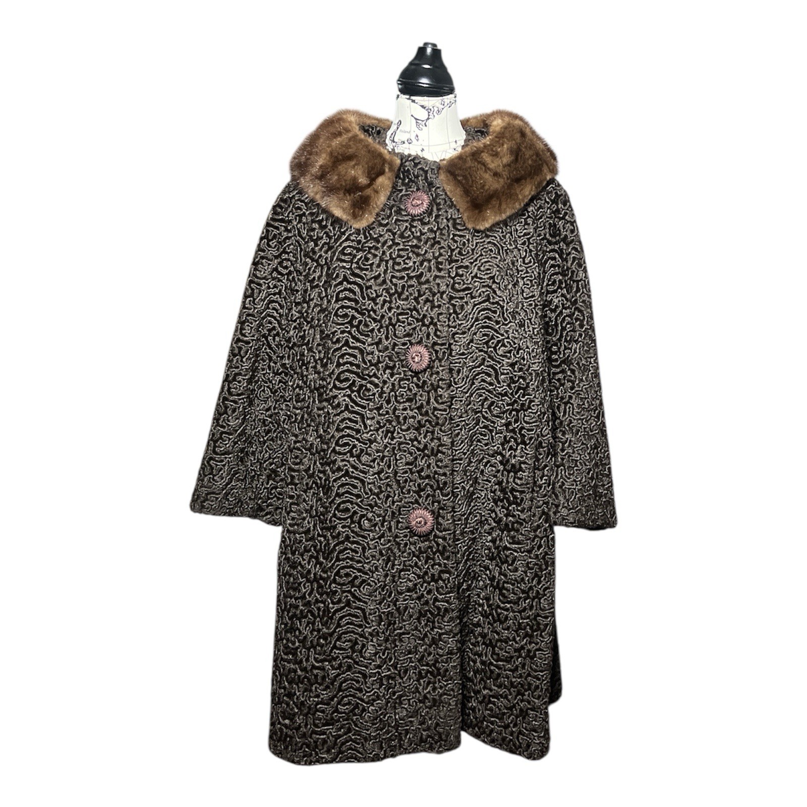 Astrakin Sportowne 50-60’s Brown Curly Persian Lamb Coat Mink Collar France M/L