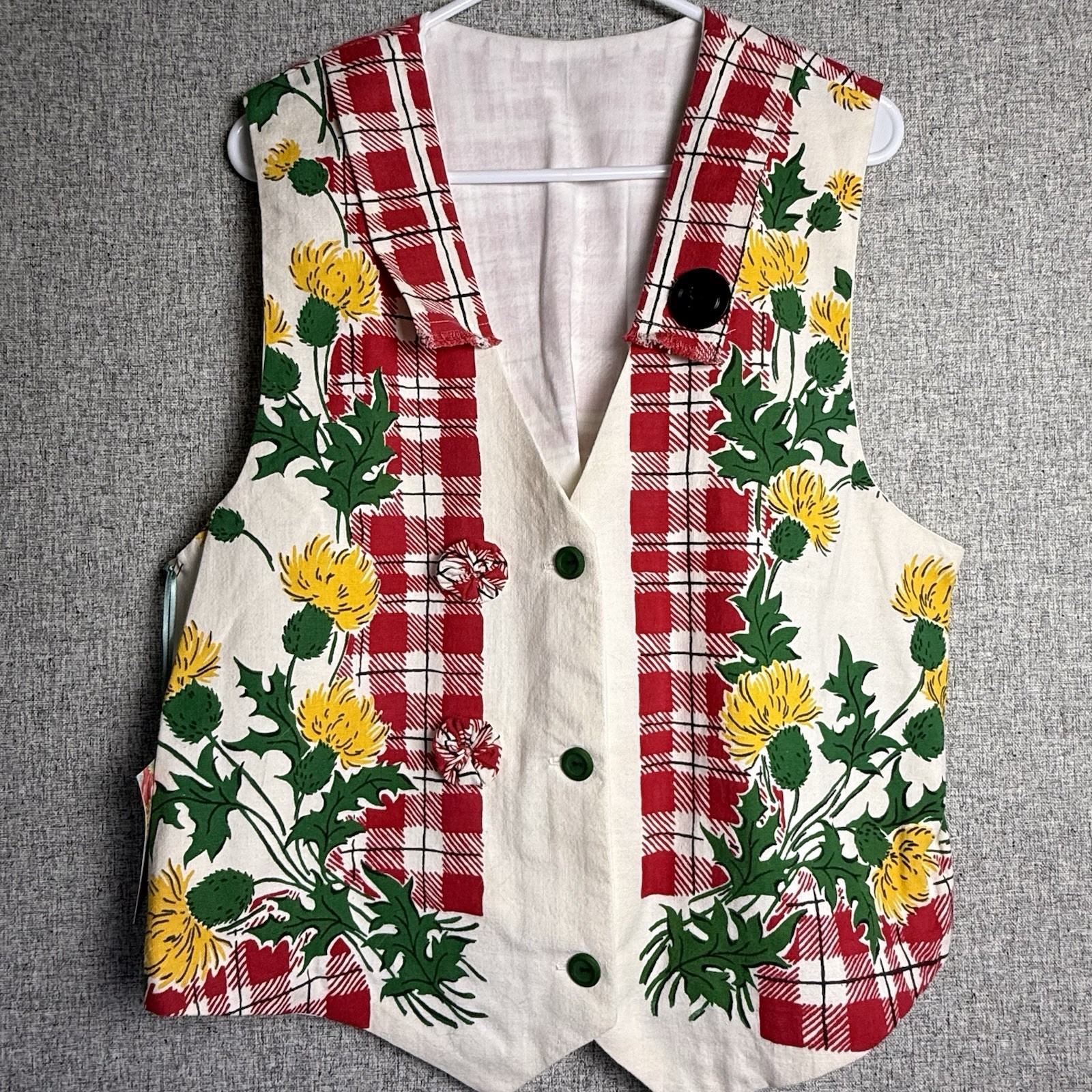 Handmade Vintage Floral Plaid Red Green Yellow Thistle Ugly Christmas Vest M/LG
