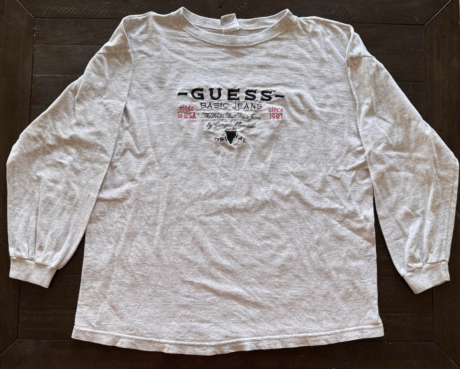 Vintage 90s GUESS Basic Jeans Long Sleeve Shirt USA One Size Embroidered Logo