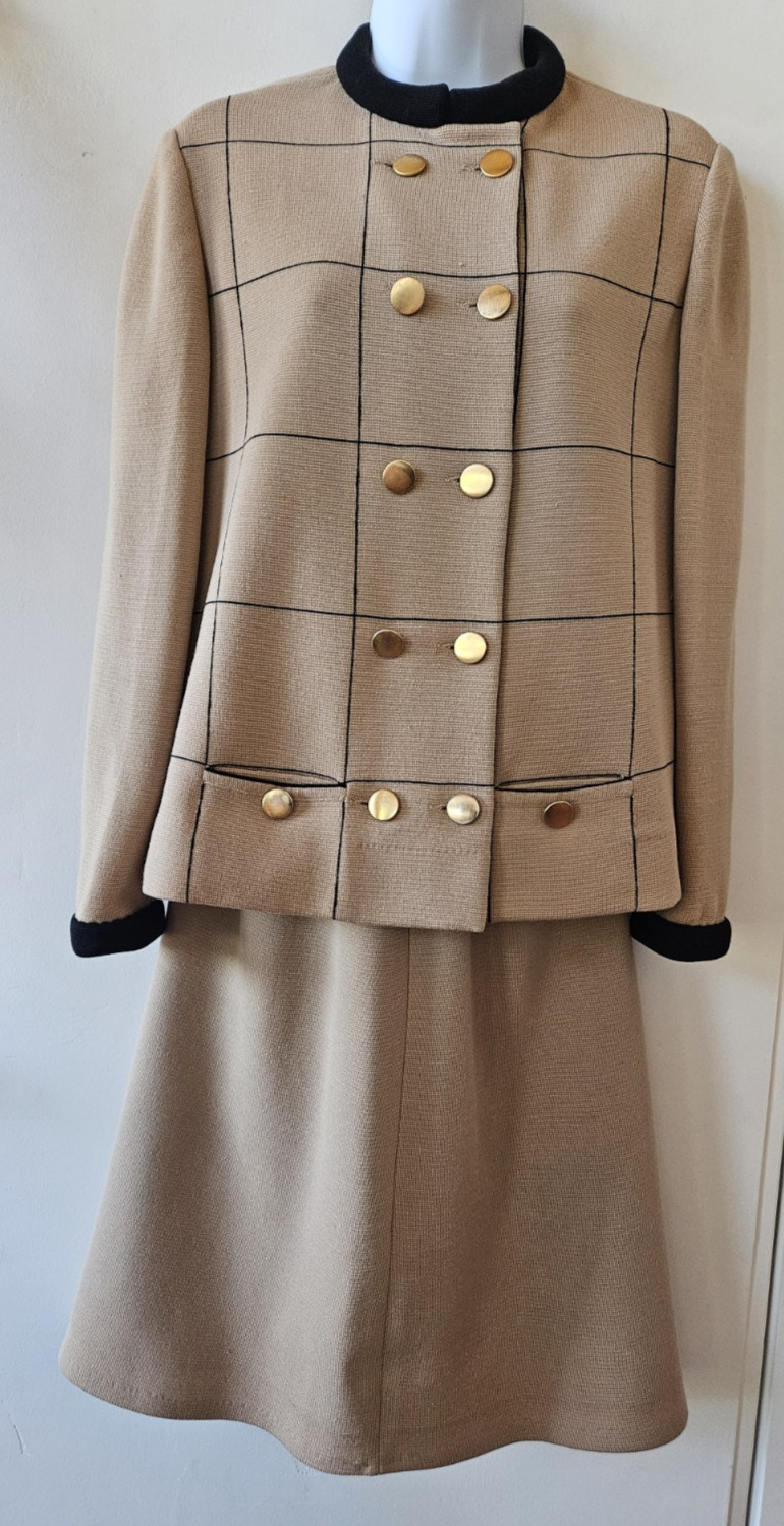 VTG 1960s KNIT Suit Skirt & Jacket Santa Maria Hong Kong, Tan, 36 bust, repairs