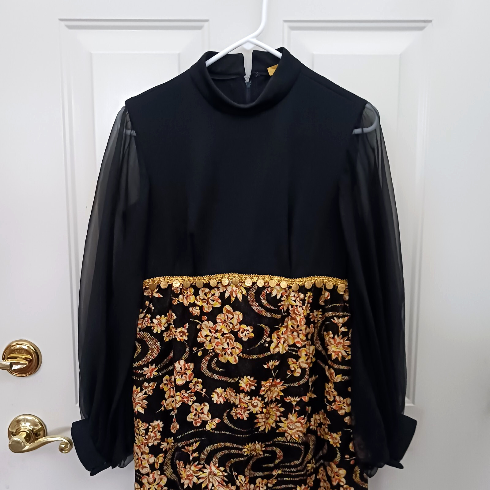Vintage 60s 70s Hostess Dress Black Floral Long Size Small Mod Gold Metallic