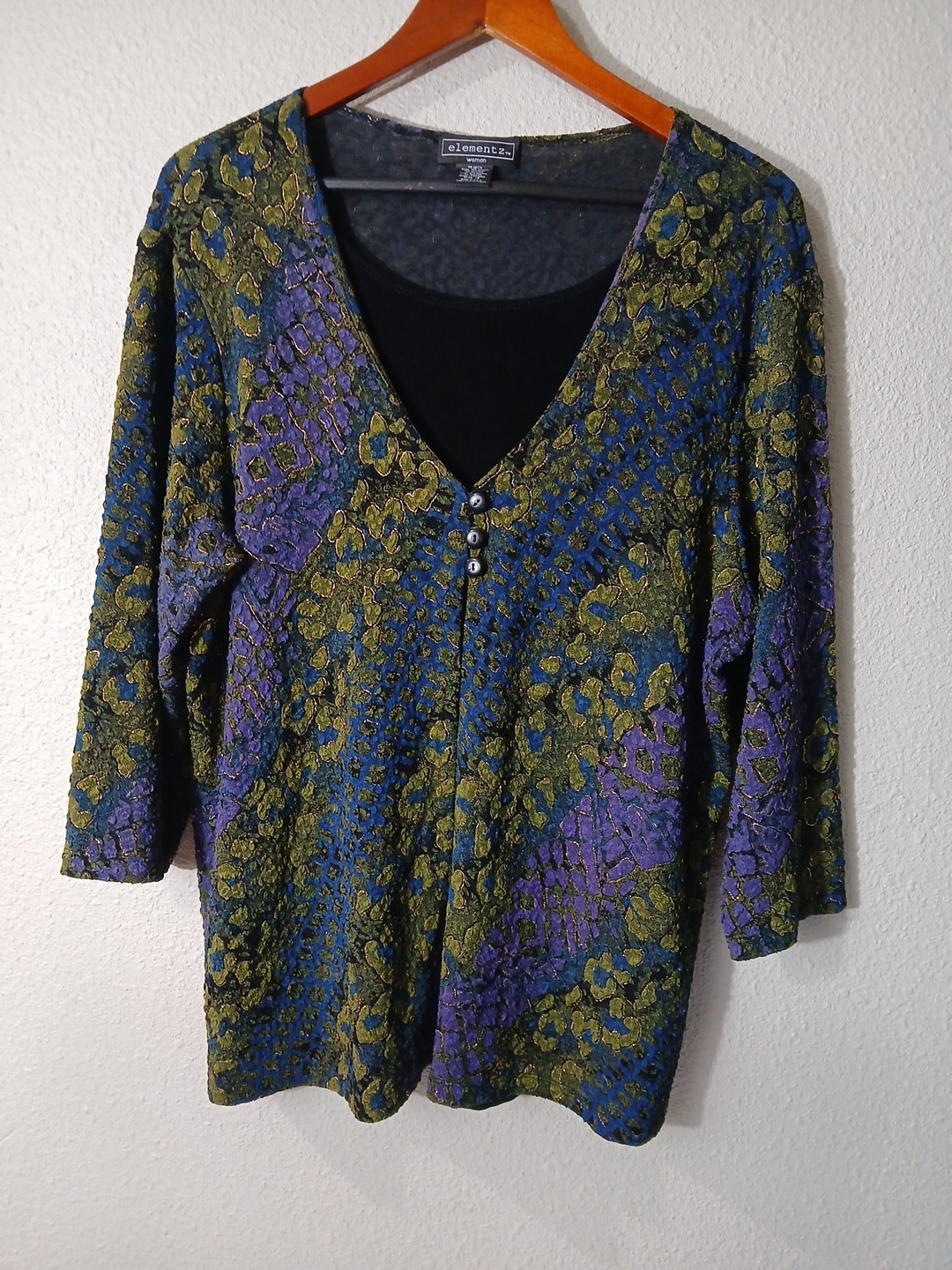 Vintage 90s Elementz Abstract Print Button Front Blouse With Inset XL Made USA