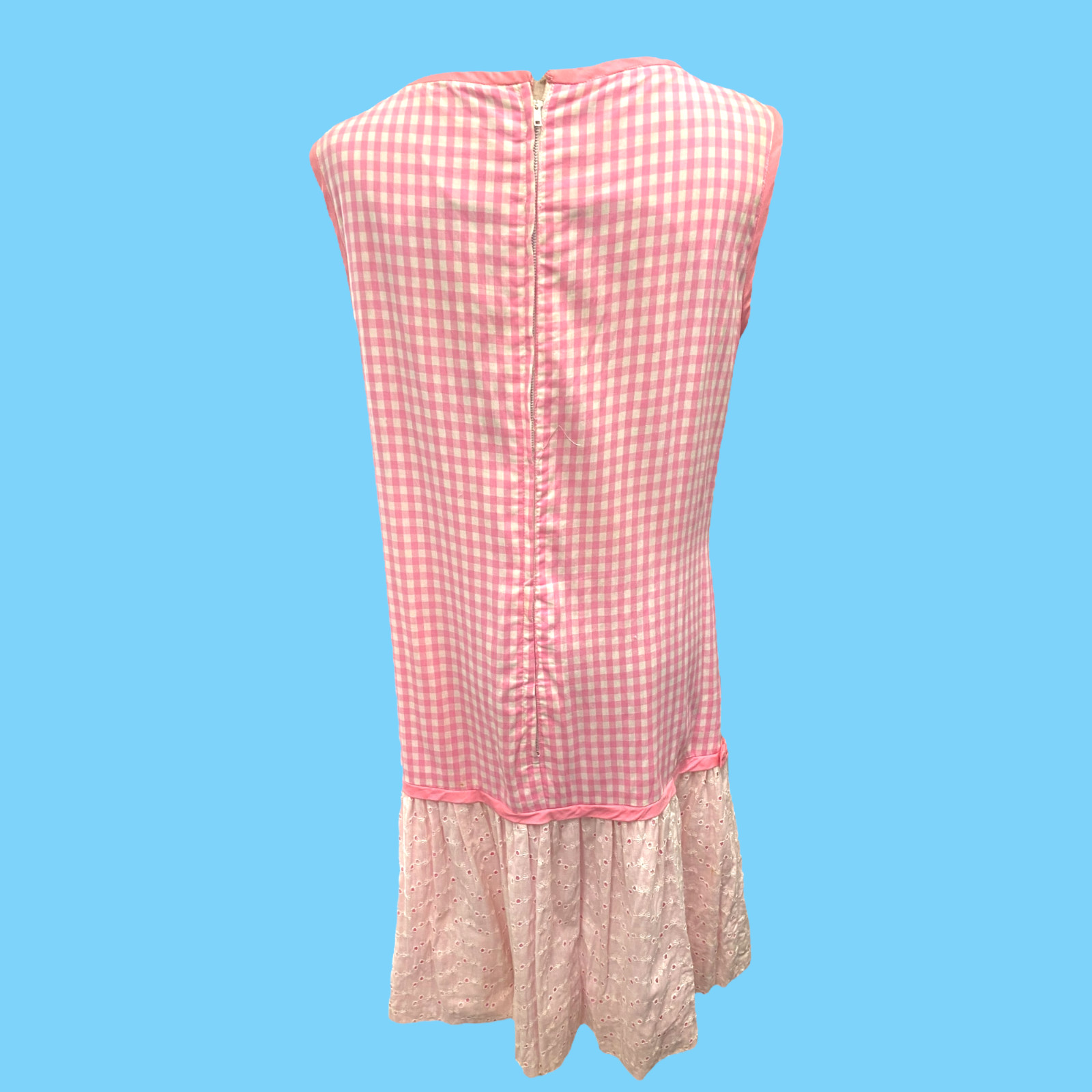 Vintage Pink Gingham Check Drop Waist Dress W/ White Cotton Eyelet Skirt M