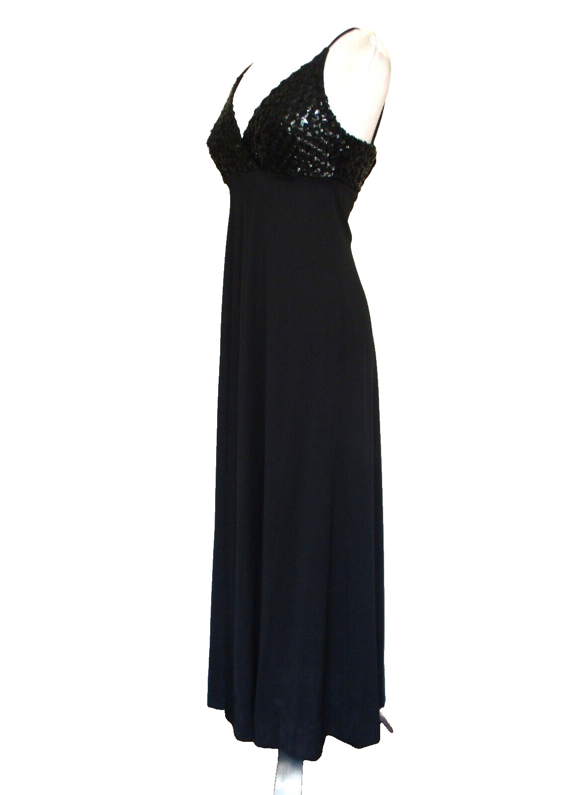 Vintage Maxi Dress Evening Gown XS/S Women Black Stretch Sequin Top Empire Waist