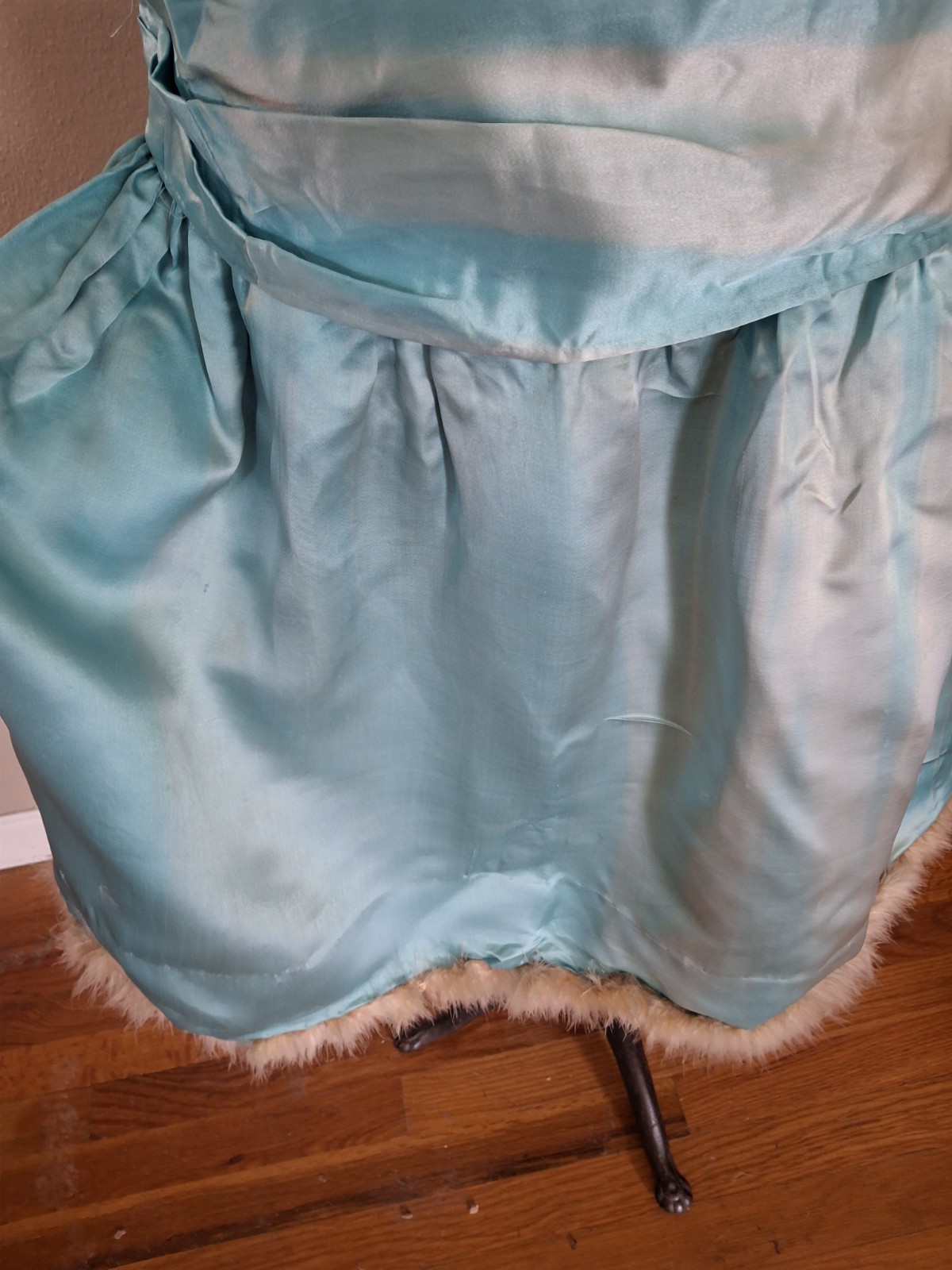 Vintage 1920s Turquoise Blue Flapper Swansdown Trimmed Dress With Waist Sash
