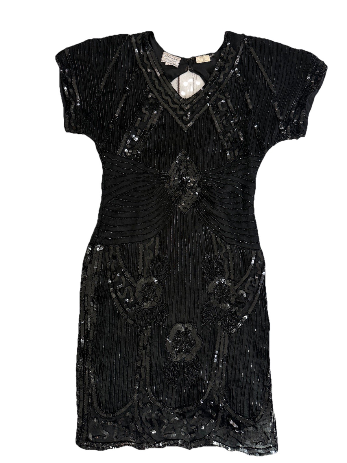 Vintage Stenay Silk Black Beaded Formal Cocktail Dress Art Deco Size 8 ***Flaws