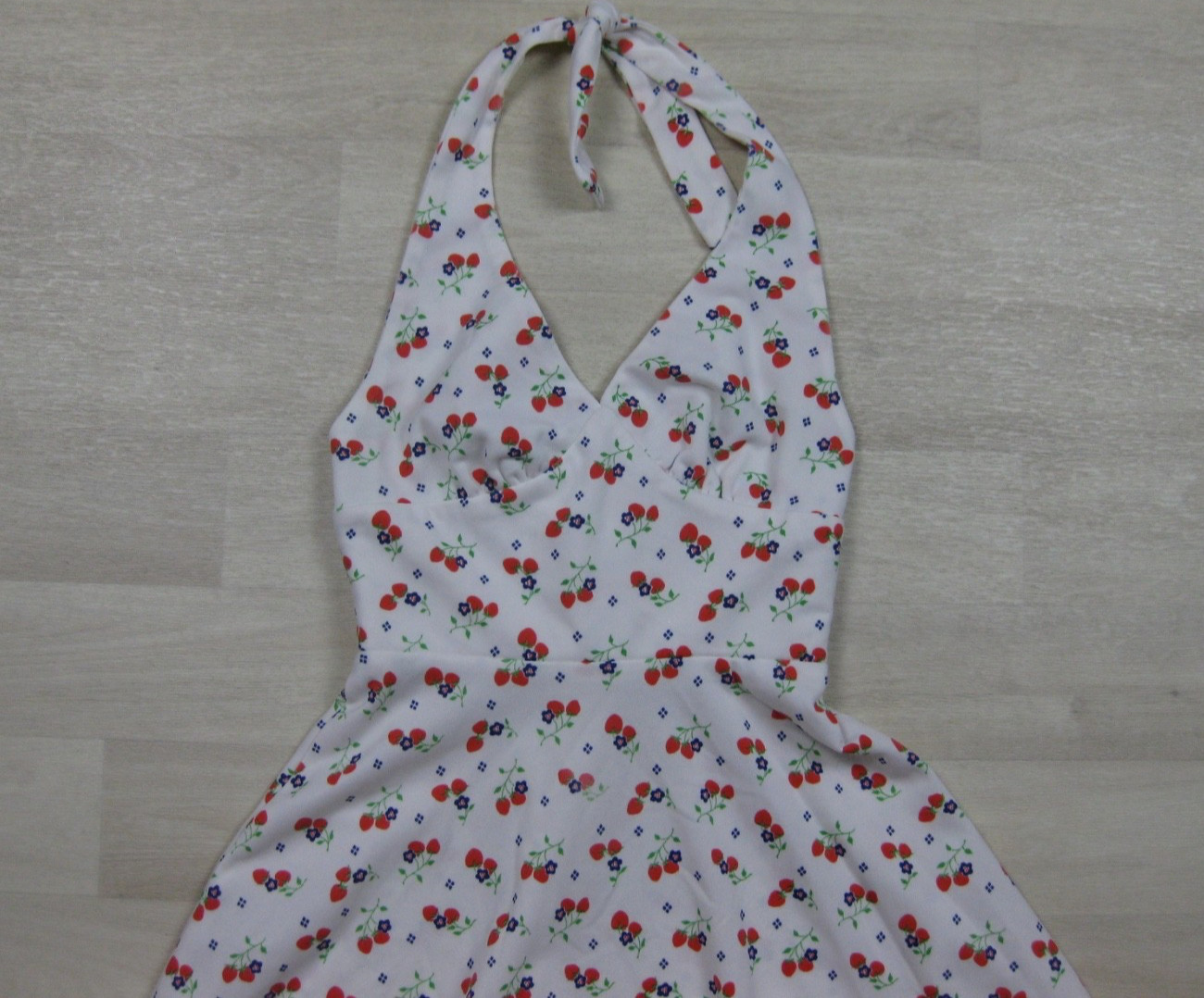 Vintage 70s Halter Micro Mini Swing Dress (XS) Open Back Strawberry Print Pinup