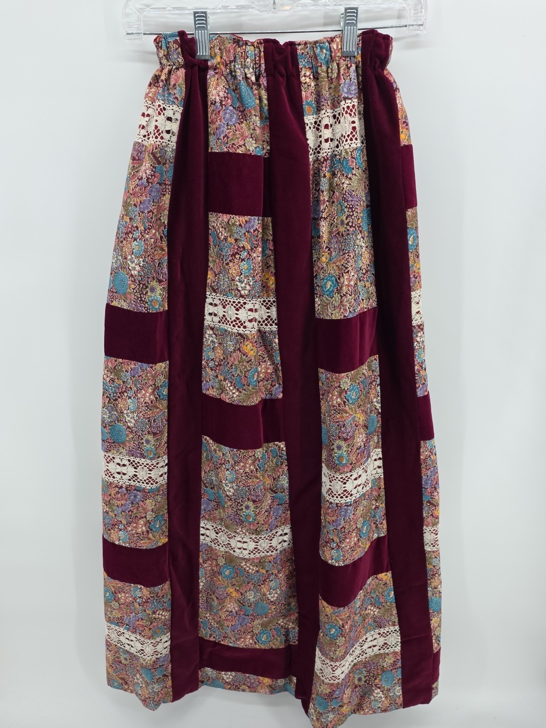 70s Floral Lace Patchwork Maroon White Long Skirt Cotton Blend Mr. Hank Sz L EUC