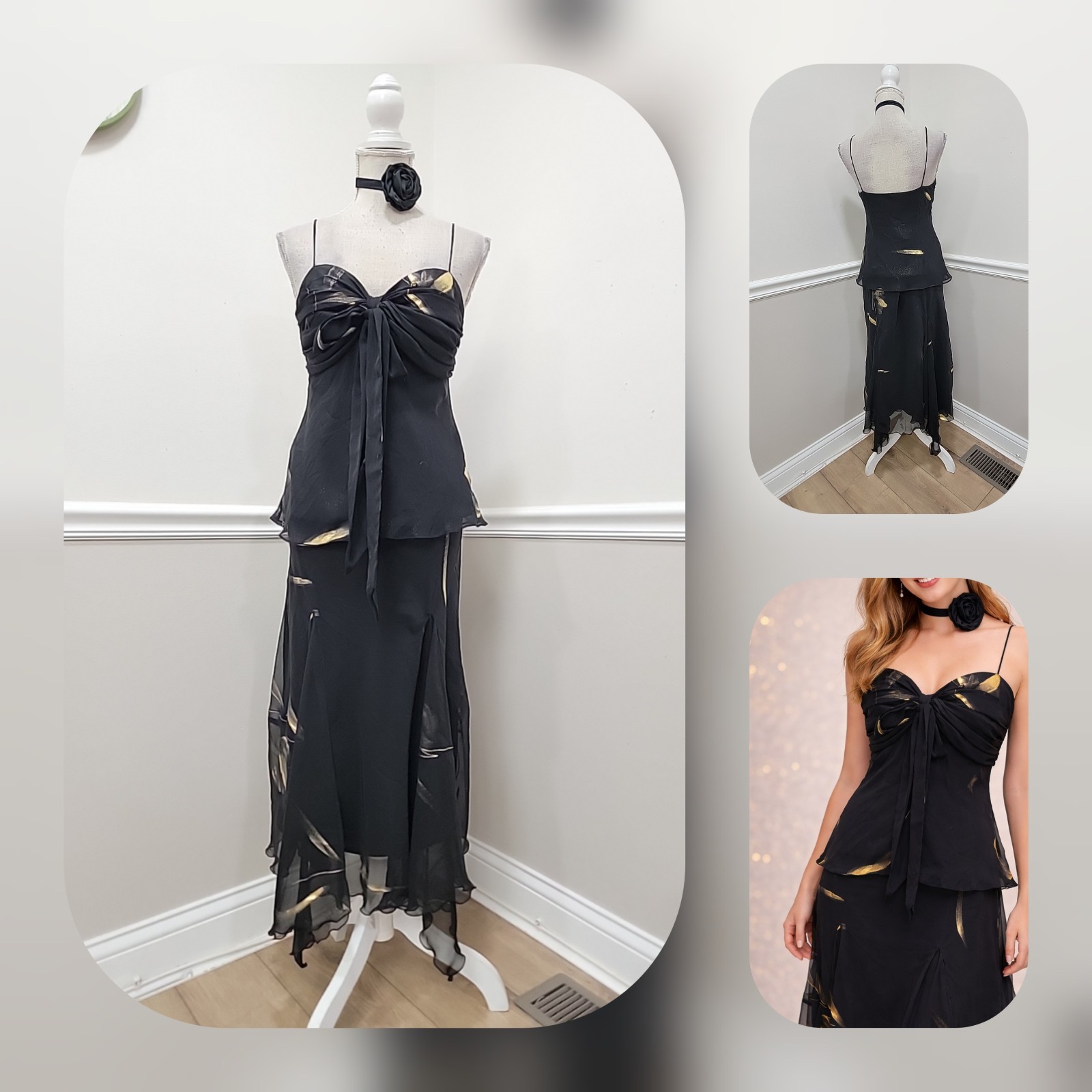 VTG Y2K S.L. Fashions Black Fairy Gothic Flowy Chiffon Slip Handkerchief Hem 2pc