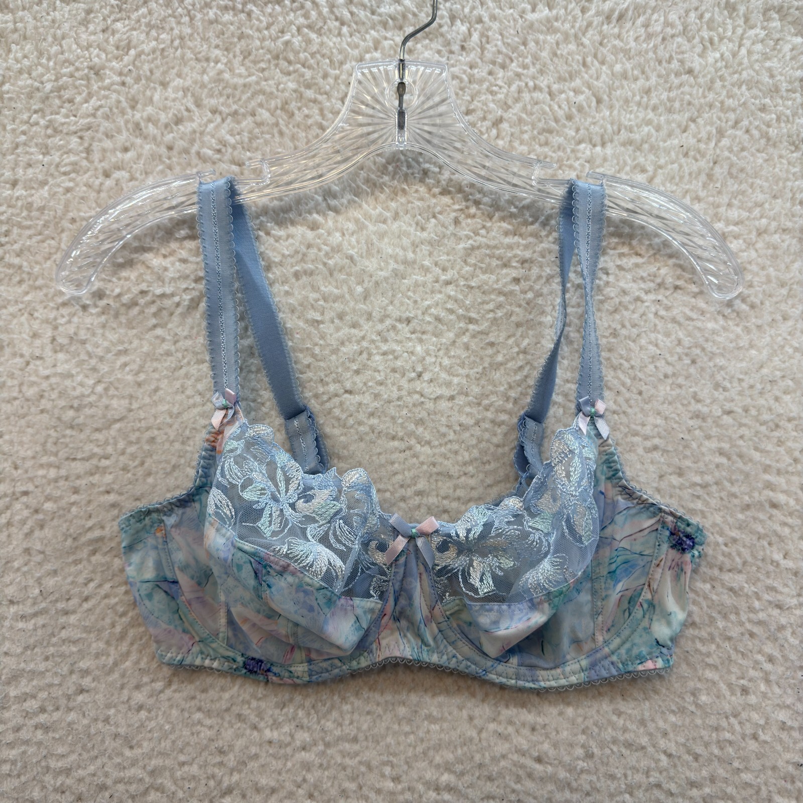 Vintage Fantasie Balconette Bra 34DD Blue Unlined Coquette Victorian Edwardian