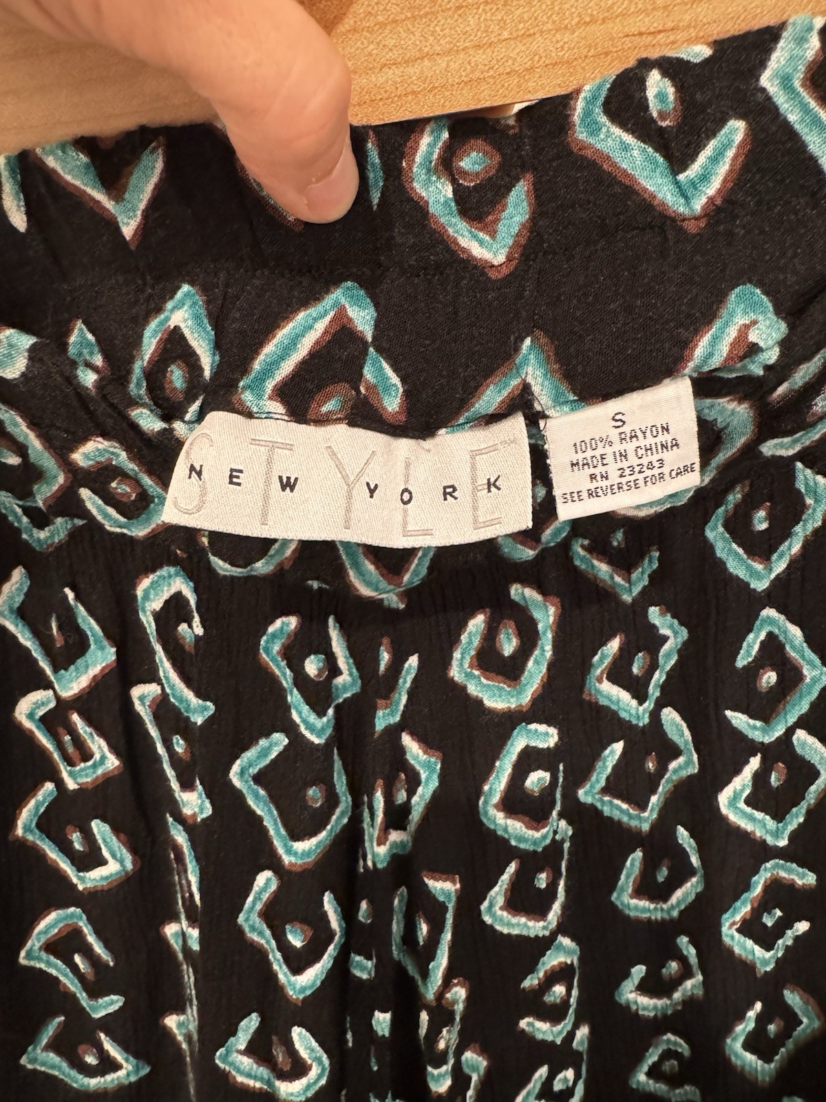 Vintage 90s Rayon Crinkle Skort S Black Teal Geometric Tribal Boho Festival