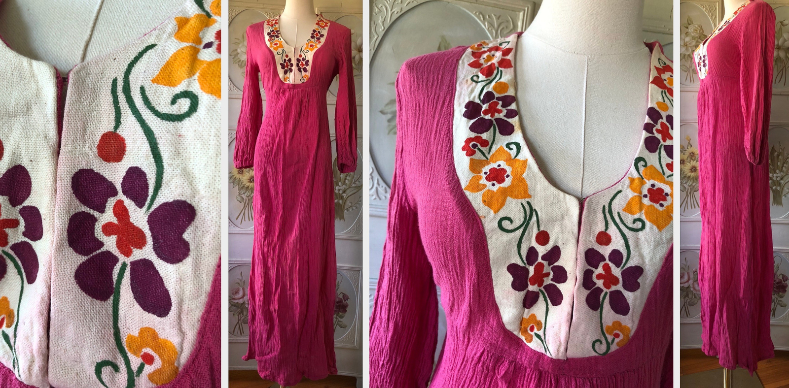VTG GRECIAN GREEK GAUZE COTTON PINK LONG MAXI DRESS PAINTED FLOWERS PURPLE RED