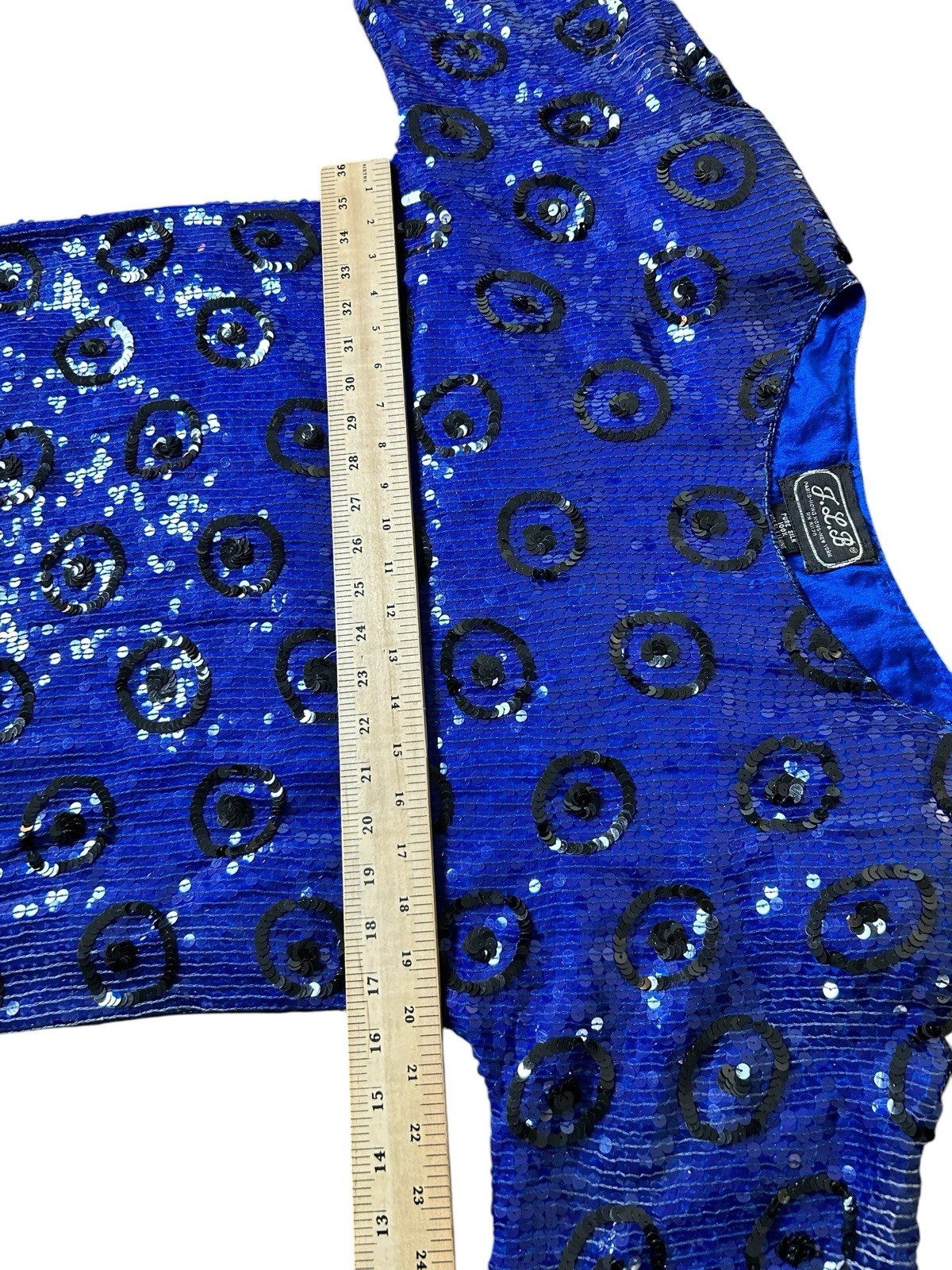 Vtg JLB Sequin Silk Evening Blouse Sz M Royal Blue Short Sleeve Geometric Funky