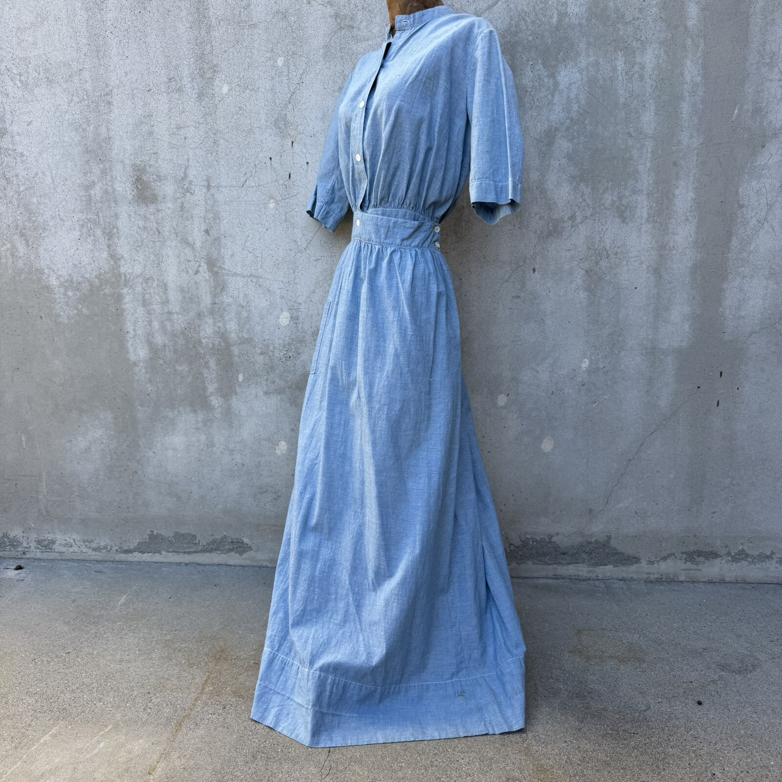 Antique Edwardian Blue Chambray Cotton Dress Workwear Prairie Maxi Vintage