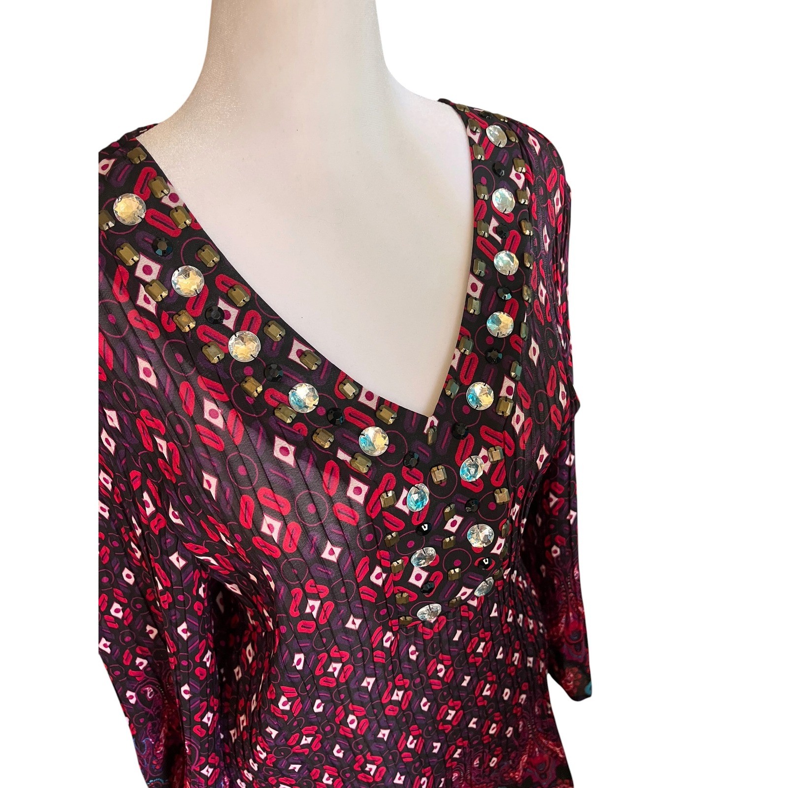 Fashion Bug Rhinestone Embellished Pleated Tunic V-Neck Top Size XL