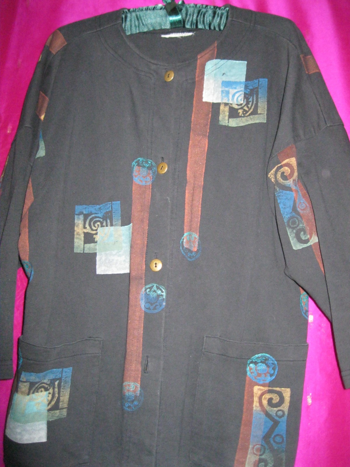 VINTAGE, BLACK COTTON JACKET, HAND PAINTED, SZ M/L, W/ FRONT POCKETS, ARTISAN