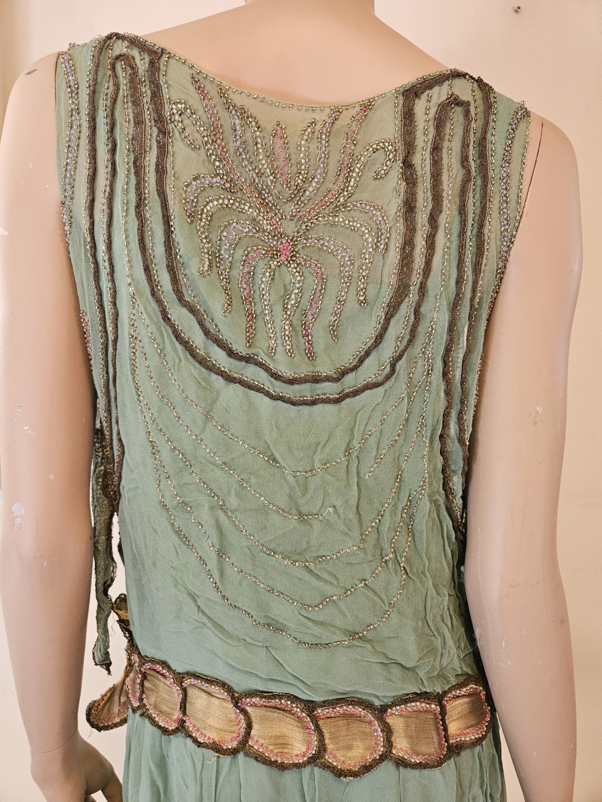 Antique 1920s French Beaded Flapper Dress Gold Lace Vintage Art Deco Bust 36