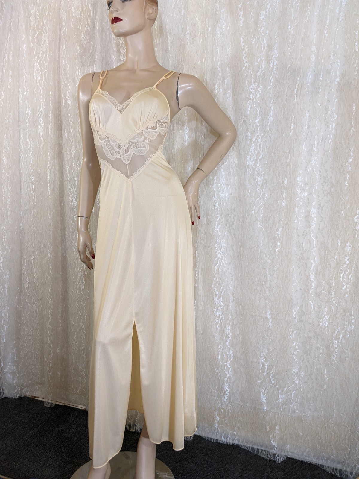 VTG Sparkling Nylon Double Straps Lace Lingerie Slit Open Slip Dress Nightgown S