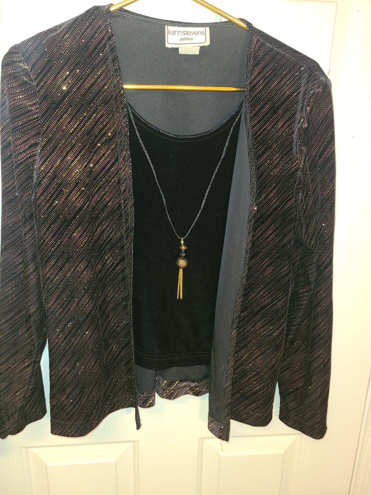 VTG Karin Stevens Glitter Disco Jacket W/ Velvet Top & Necklace Sz 6P 80&rsquo;s 90s