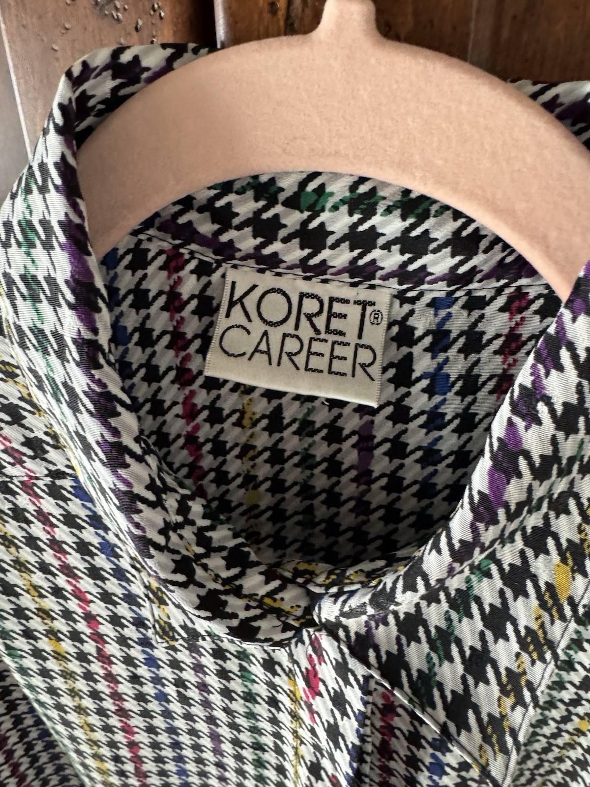 Vintage Koret Career Black Houndstooth Blouse With Rainbow Colours Throughout M