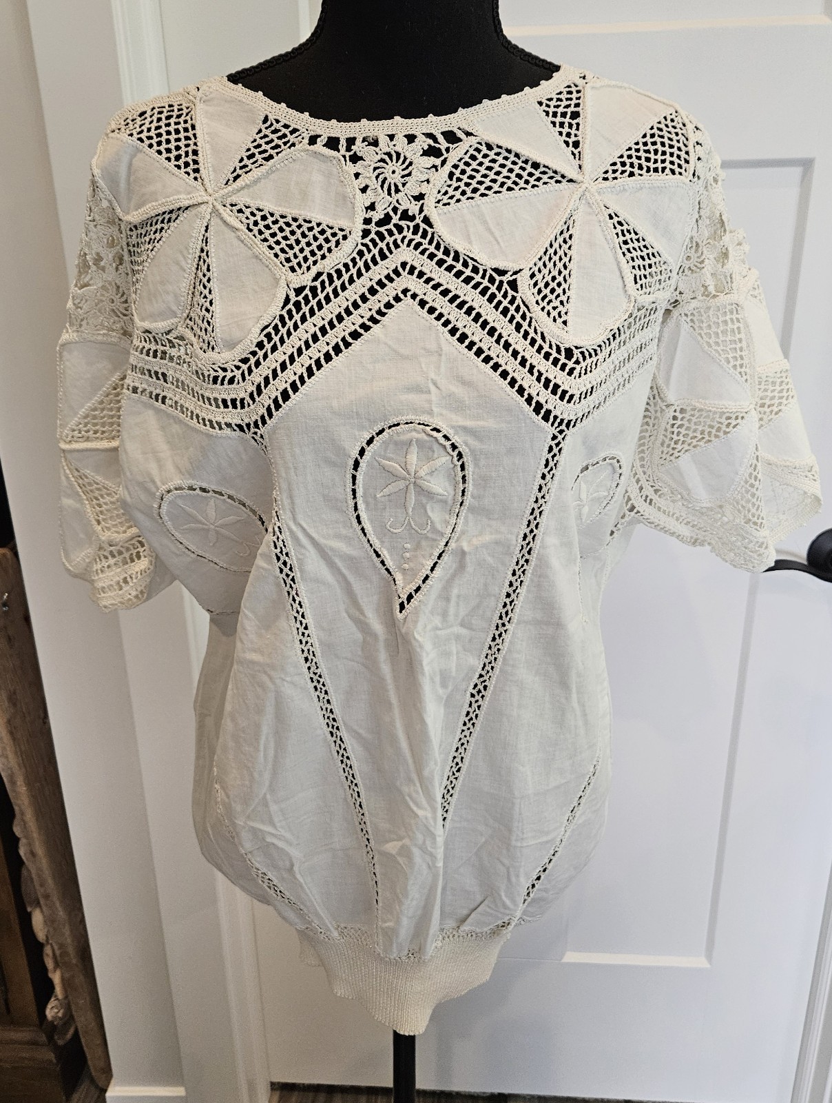 VTG NOS Hand Made BANDO Crochet Lace 100% Cotton Linen Tunic Large Women&rsquo;s Top