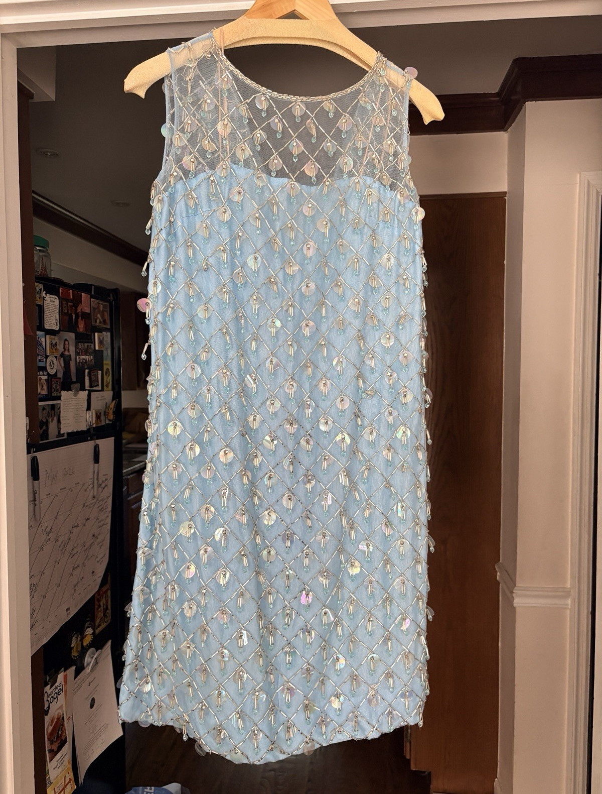 Vintage Blue Sleeveless Sequin Beaded Mesh Shift Dress Cocktail Eveningwear 10